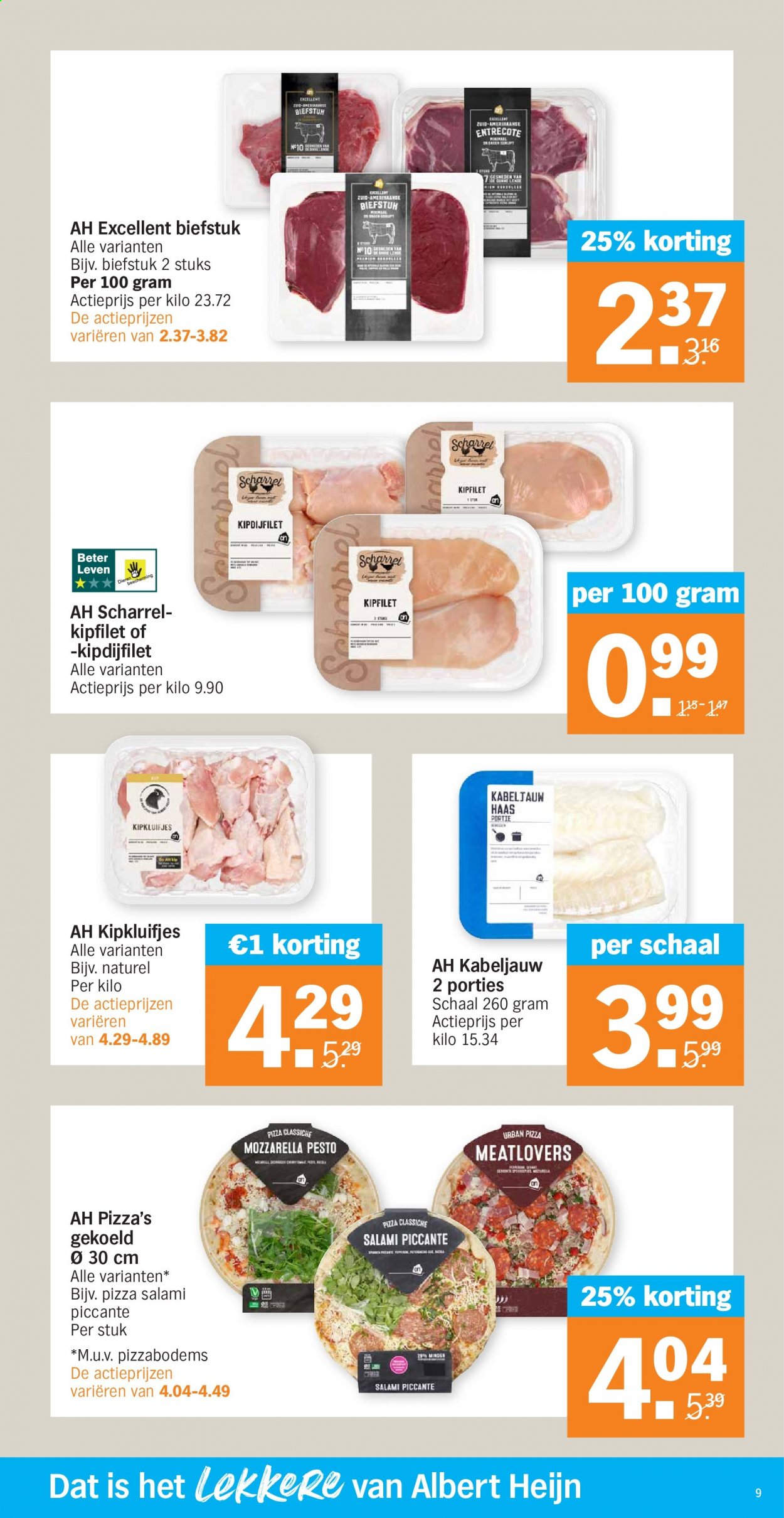 thumbnail - Albert Heijn-aanbieding - 10-5-2021 - 16-5-2021 -  producten in de aanbieding - kipfilet, biefstuk, entrecote, kabeljauw, pizza, mozzarella, pesto. Pagina 9.