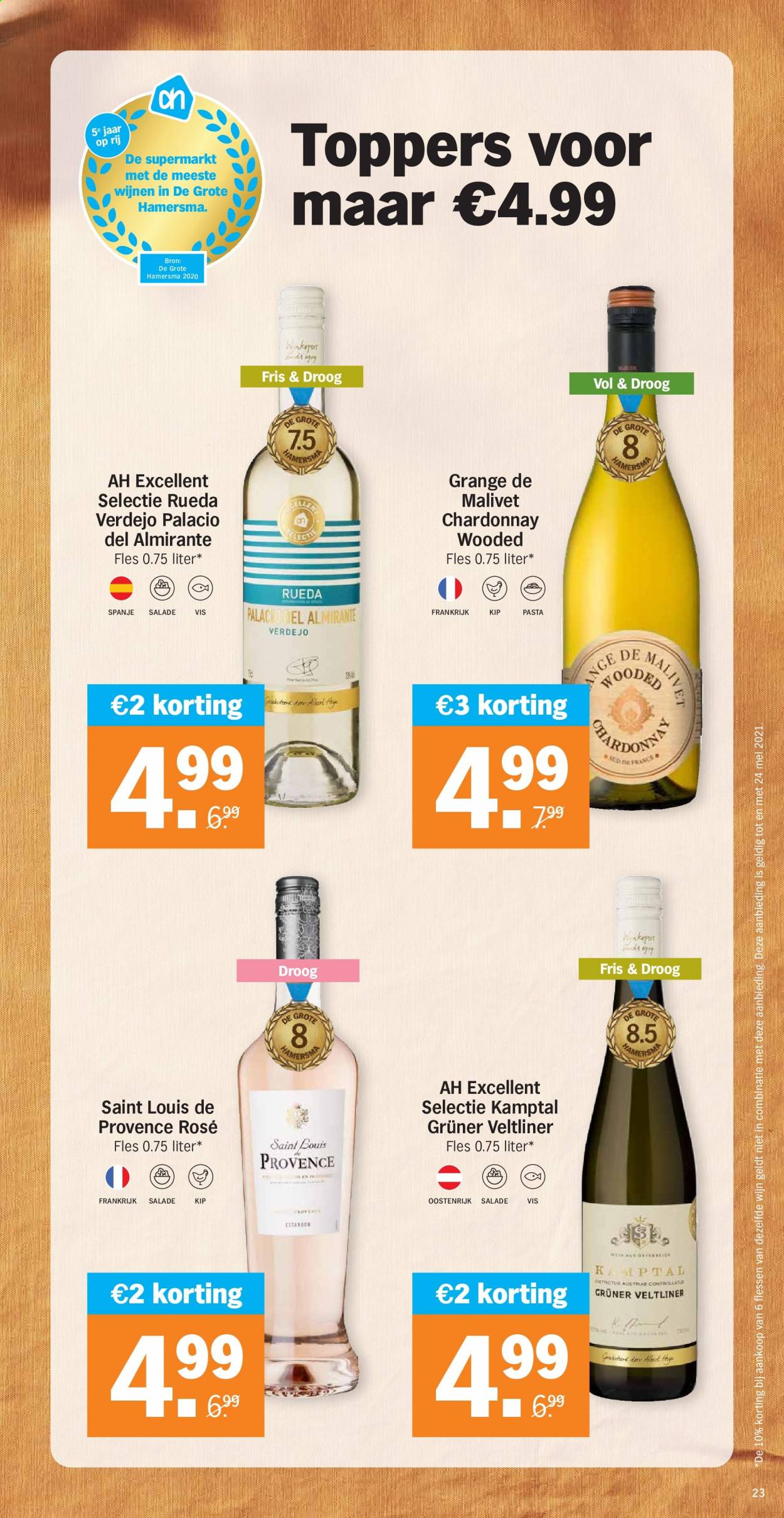 thumbnail - Albert Heijn-aanbieding - 10-5-2021 - 16-5-2021 -  producten in de aanbieding - pasta, Chardonnay, wijn. Pagina 23.