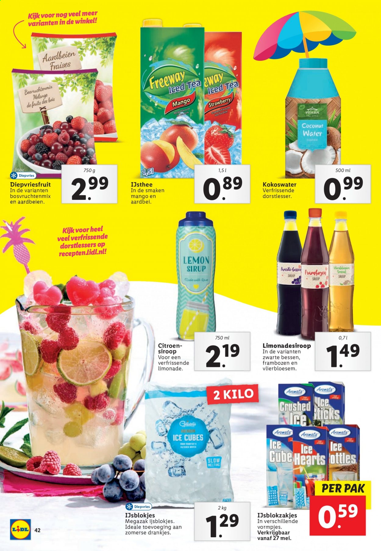 thumbnail - Lidl-aanbieding -  producten in de aanbieding - aardbeien, bessen, citroen, mango, frambozen, kokoswater, coconut water, thee. Pagina 42.
