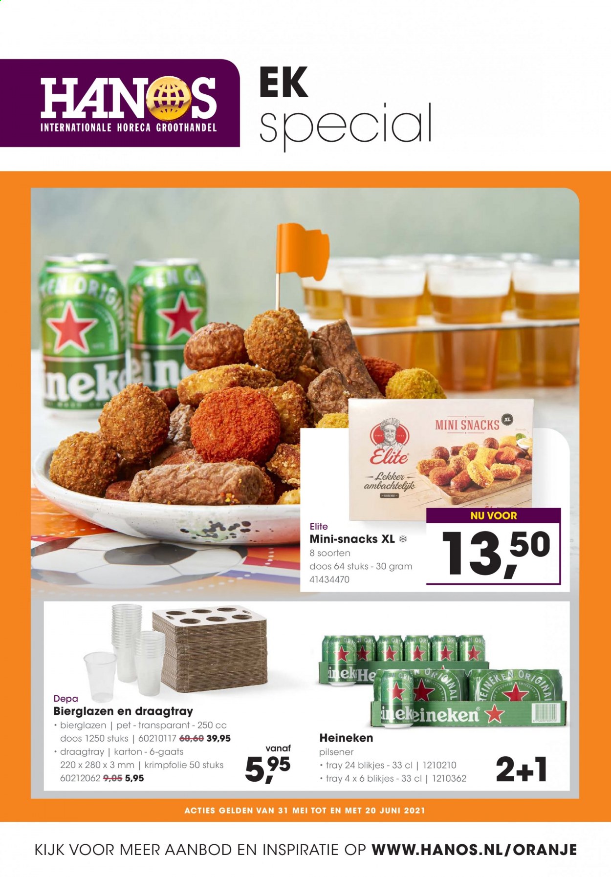 thumbnail - Hanos-aanbieding - 31-5-2021 - 20-6-2021 -  producten in de aanbieding - pilsener, Heineken, oranje. Pagina 1.