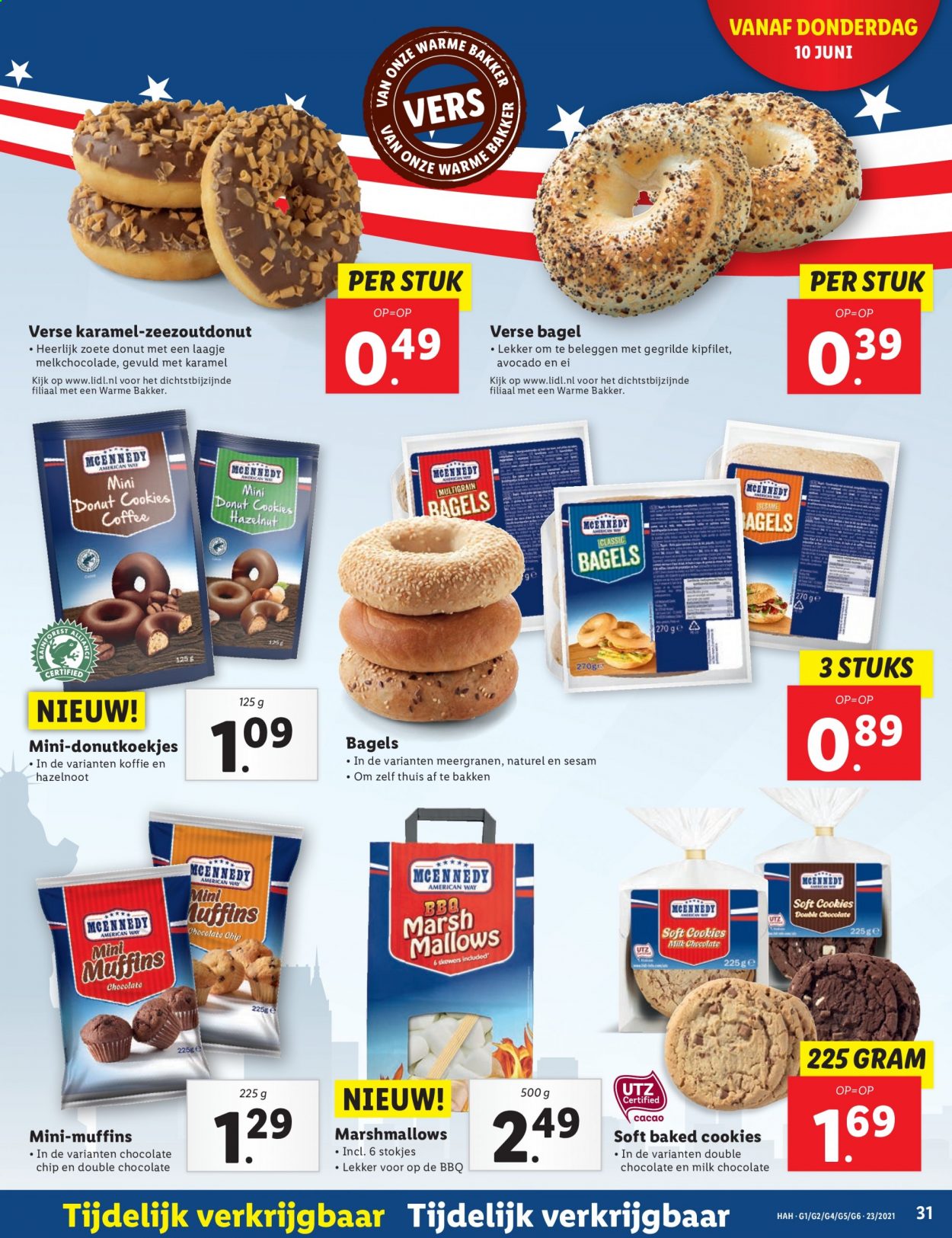 thumbnail - Lidl-aanbieding - 7-6-2021 - 13-6-2021 -  producten in de aanbieding - bagels, muffins, avocado, kipfilet, ei, Marshmallows, melkchocolade, cookies, BBQ, koffie. Pagina 31.