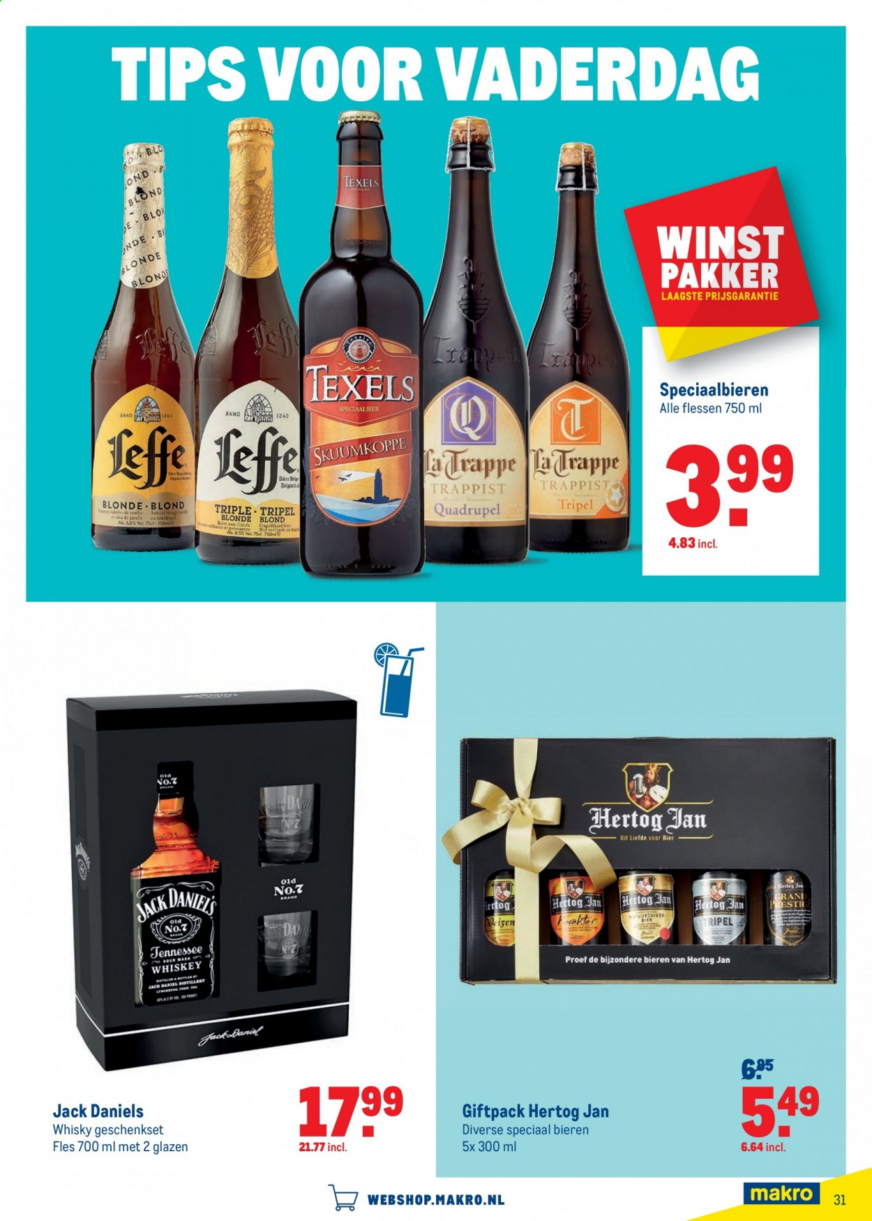 thumbnail - Makro-aanbieding - 9-6-2021 - 22-6-2021 -  producten in de aanbieding - Leffe, geschenkset, Hertog Jan, bier, Tennessee Whiskey, whiskey, whisky, glazen. Pagina 31.