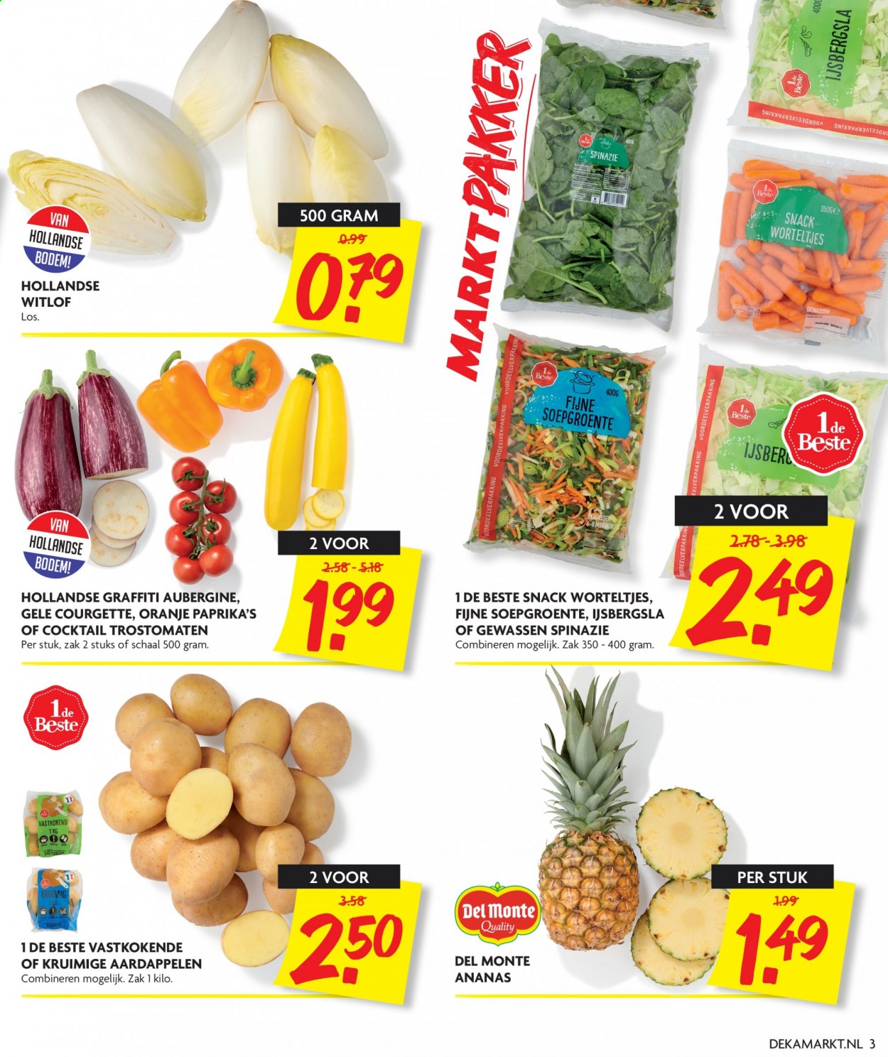 thumbnail - DekaMarkt-aanbieding - 13-6-2021 - 19-6-2021 -  producten in de aanbieding - aardappelen, aubergine, Del Monte, ijsbergsla, oranje paprika, spinazie, witlof, gele courgette, courgette, oranje, ananas. Pagina 3.