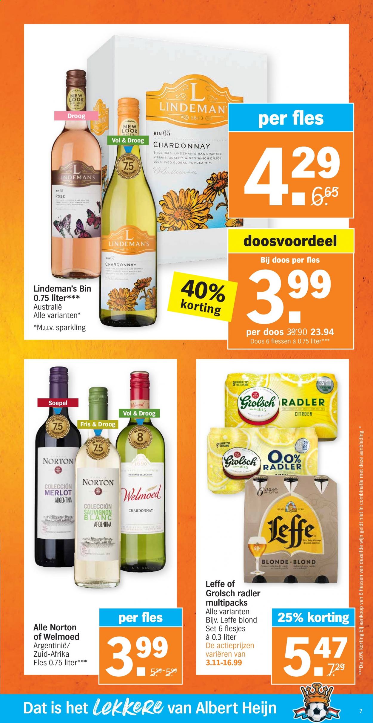 thumbnail - Albert Heijn-aanbieding - 14-6-2021 - 20-6-2021 -  producten in de aanbieding - Leffe, Grolsch, ham, Chardonnay, Merlot, Sauvignon Blanc, wijn. Pagina 7.