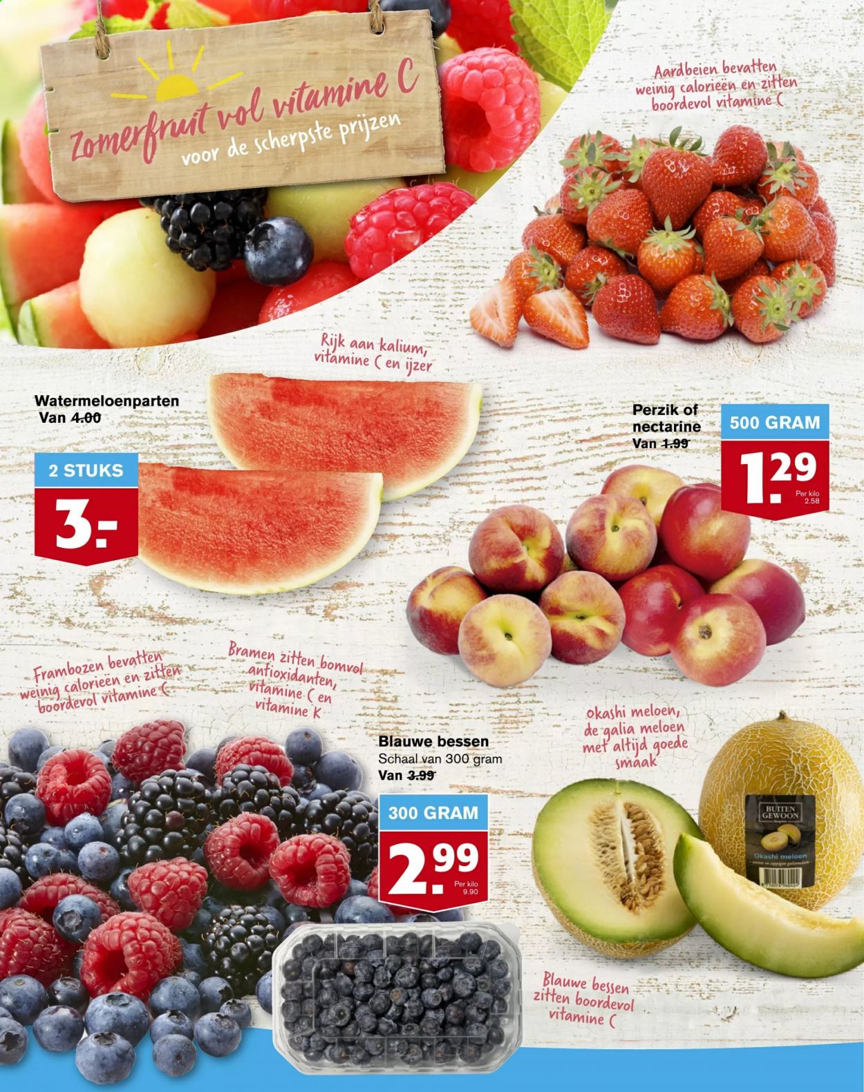 thumbnail - Hoogvliet-aanbieding - 16-6-2021 - 22-6-2021 -  producten in de aanbieding - meloen, galia meloen, aardbeien, bessen, bramen, zomerfruit, nectarine, frambozen, bosbessen, vitamine. Pagina 6.