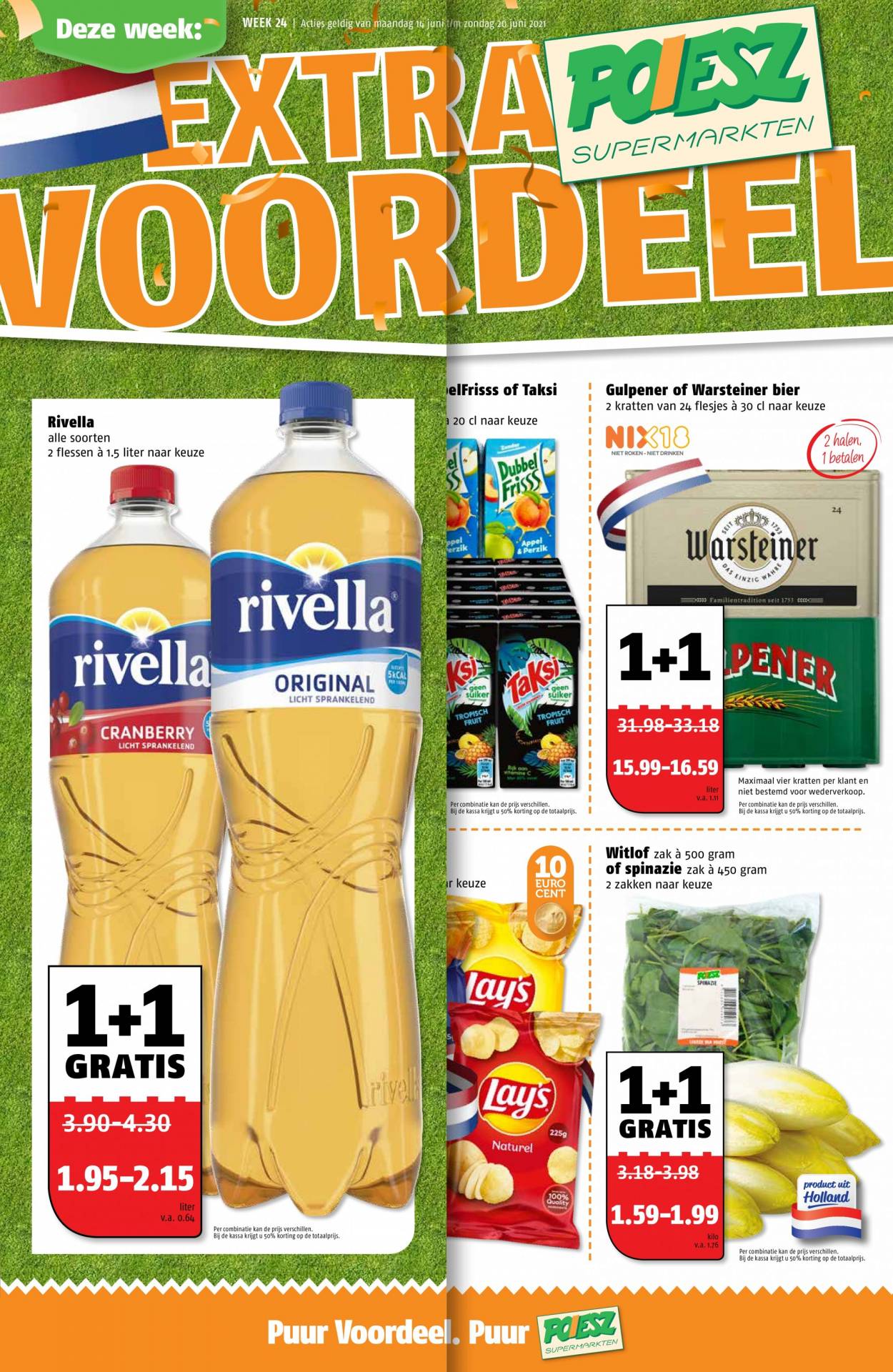 thumbnail - Poiesz-aanbieding - 14-6-2021 - 20-6-2021 -  producten in de aanbieding - Warsteiner, bier, spinazie, witlof, chips, appelsientje, Douwe Egberts. Pagina 1.