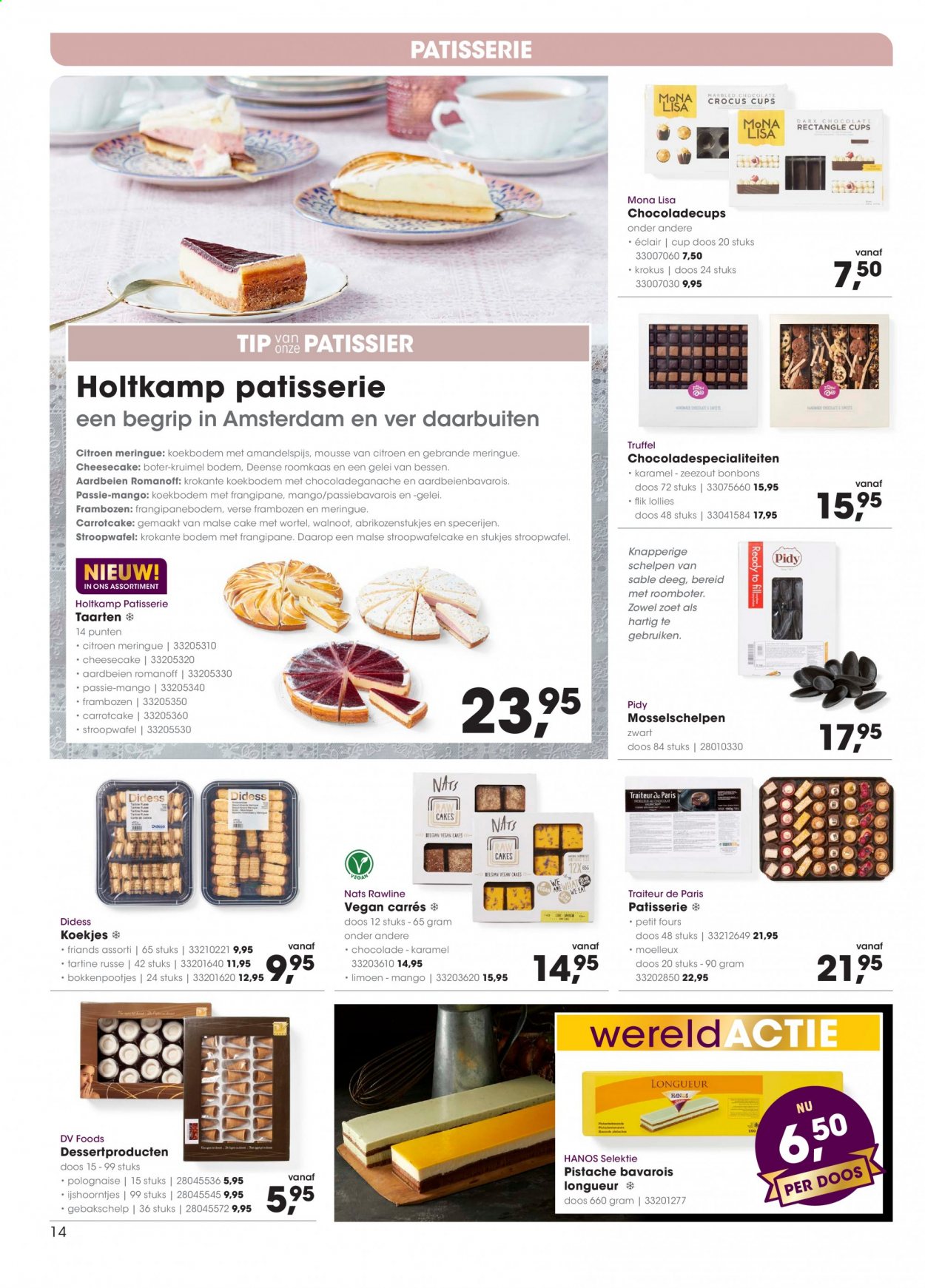 thumbnail - Hanos-aanbieding - 14-6-2021 - 27-6-2021 -  producten in de aanbieding - truffel, petitfours, bavarois, éclairs, meringue, frangipane, aardbeien, bessen, citroen, limoen, mango, frambozen, roomkaas, roomboter, chocolade, koekjes, amandelspijs. Pagina 14.