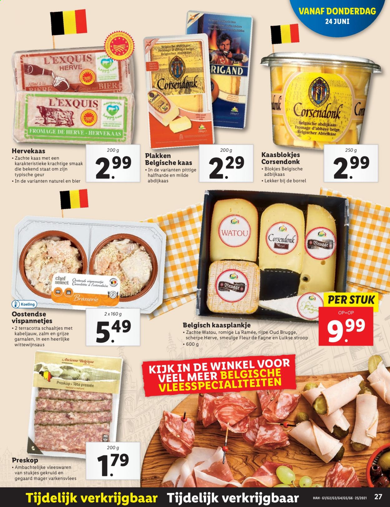thumbnail - Lidl-aanbieding - 21-6-2021 - 27-6-2021 -  producten in de aanbieding - varkensvlees, bier, kabeljauw, zalm, garnalen, Herve, kaas, kaasblokjes, La Ramée, Oud Brugge, Fleur de Fagne, schaaltjes. Pagina 27.
