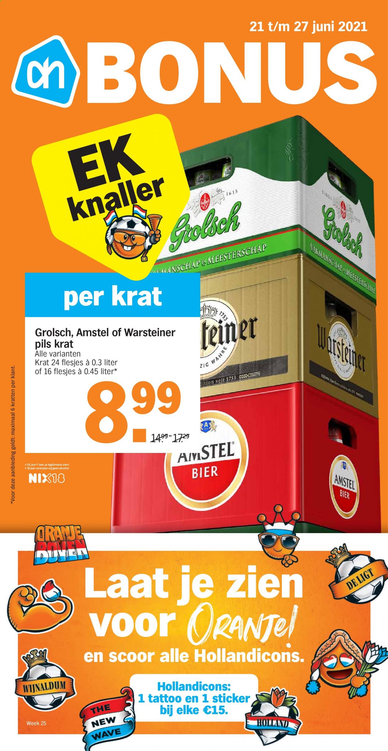 thumbnail - Albert Heijn-aanbieding - 21-6-2021 - 27-6-2021 -  producten in de aanbieding - Warsteiner, Amstel Bier, Grolsch, bier, oranje. Pagina 1.