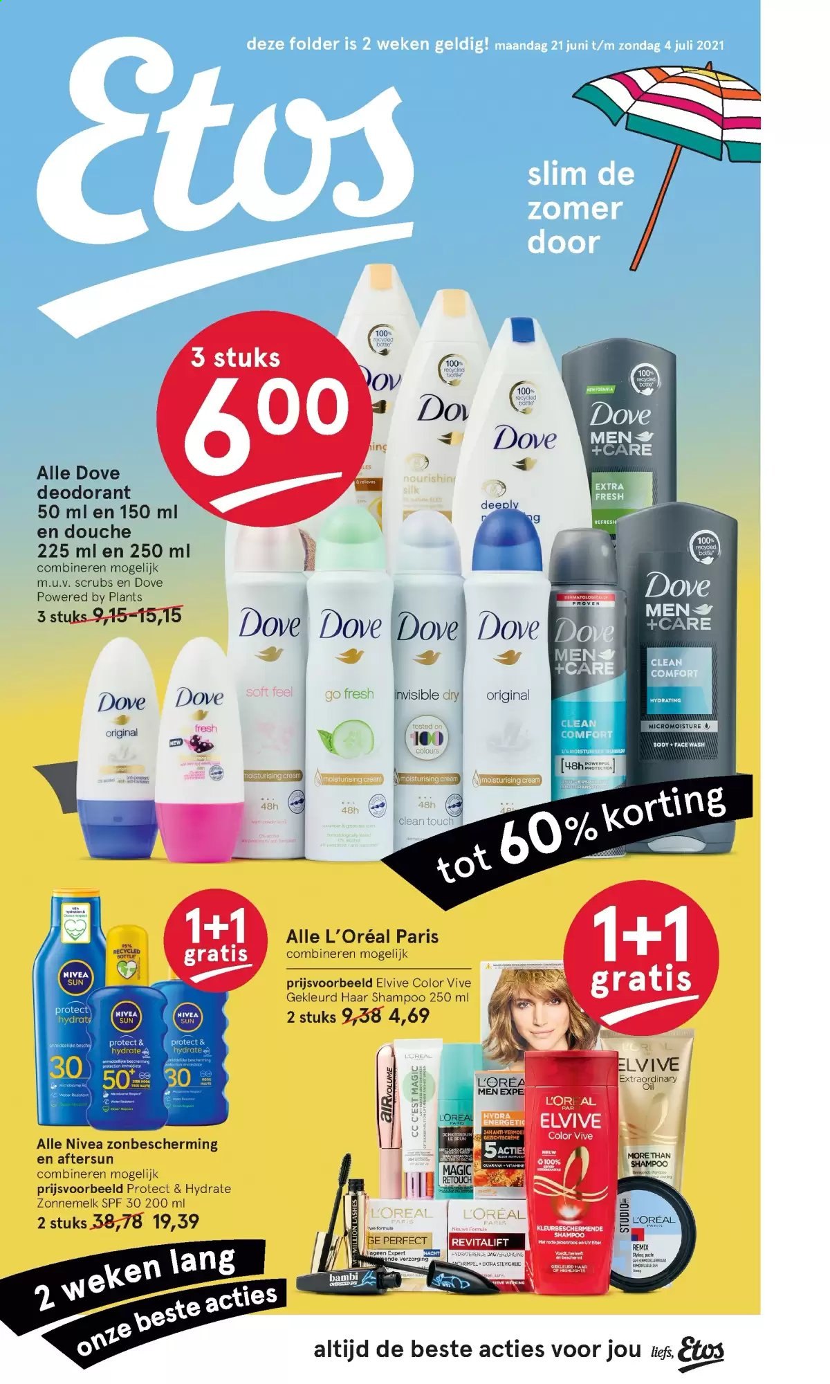 thumbnail - Etos-aanbieding - 21-6-2021 - 4-7-2021 -  producten in de aanbieding - L’oréal, Nivea, shampoo, Dove, Elvive, Elvive Color, deodorant. Pagina 1.