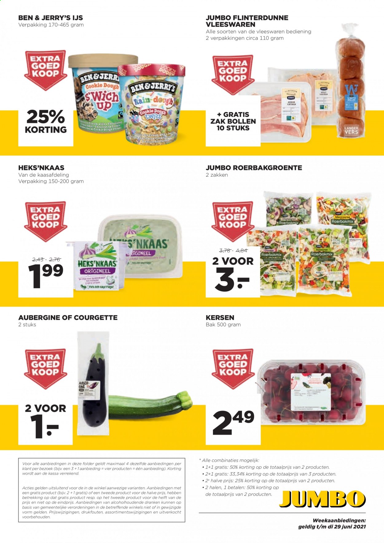 thumbnail - Jumbo-aanbieding - 23-6-2021 - 29-6-2021 -  producten in de aanbieding - aubergine, courgette, kersen, Heks'nkaas, Ben & Jerry's, Ijs. Pagina 4.