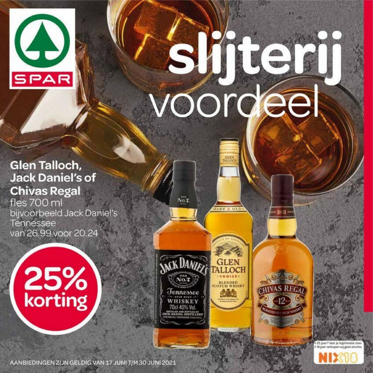 thumbnail - SPAR-aanbieding - 17-6-2021 - 30-6-2021 -  producten in de aanbieding - blended scotch whisky, Jack Daniel's, scotch whisky, whiskey, whisky. Pagina 1.