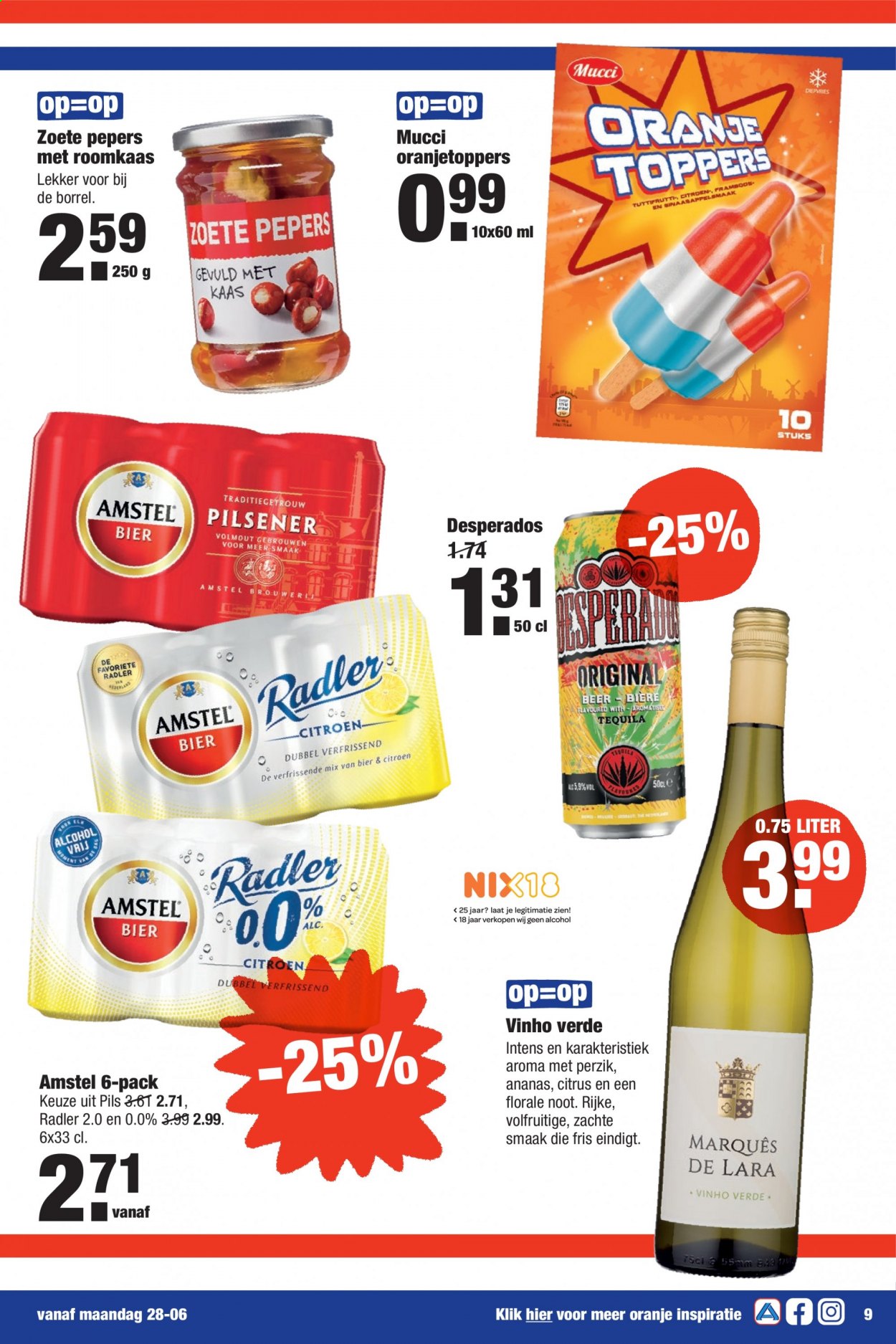 thumbnail - Aldi-aanbieding - 28-6-2021 - 4-7-2021 -  producten in de aanbieding - pilsener, Amstel Bier, bier, Radler, Desperados, citroen, oranje, ananas, kaas. Pagina 9.
