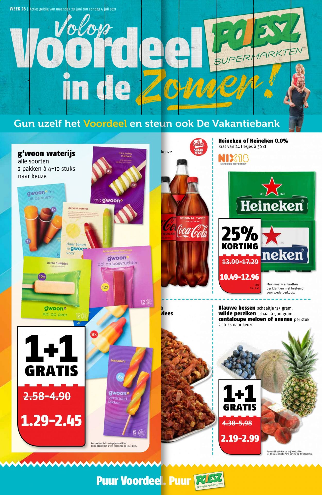 thumbnail - Poiesz-aanbieding - 28-6-2021 - 4-7-2021 -  producten in de aanbieding - Heineken, bier, meloen, bessen, cantaloupe, peer, ananas, bosbessen, Coca-Cola. Pagina 1.
