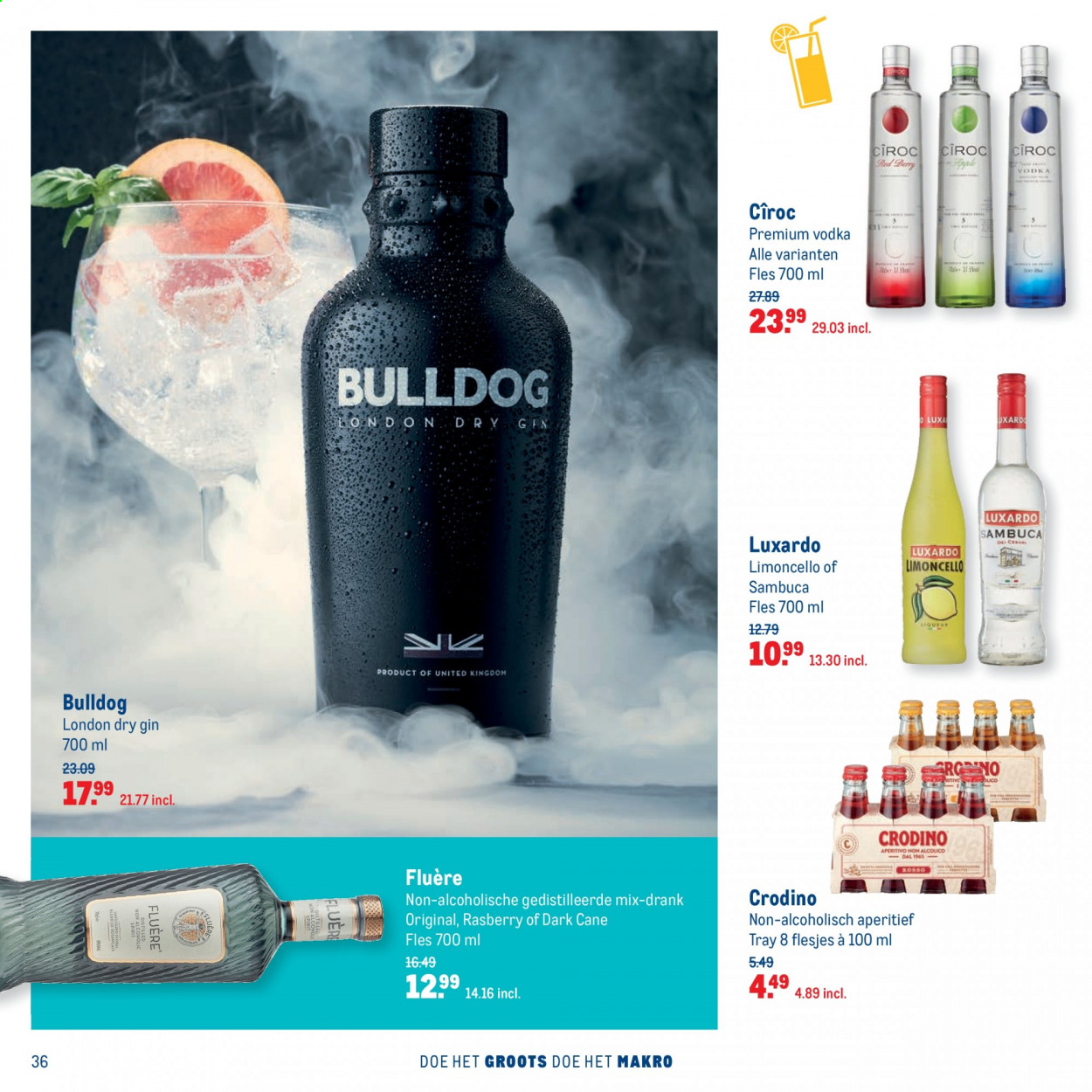 thumbnail - Makro-aanbieding - 7-7-2021 - 3-8-2021 -  producten in de aanbieding - Crodino, Limoncello, London Dry Gin, vodka, gin, Sambuca. Pagina 36.