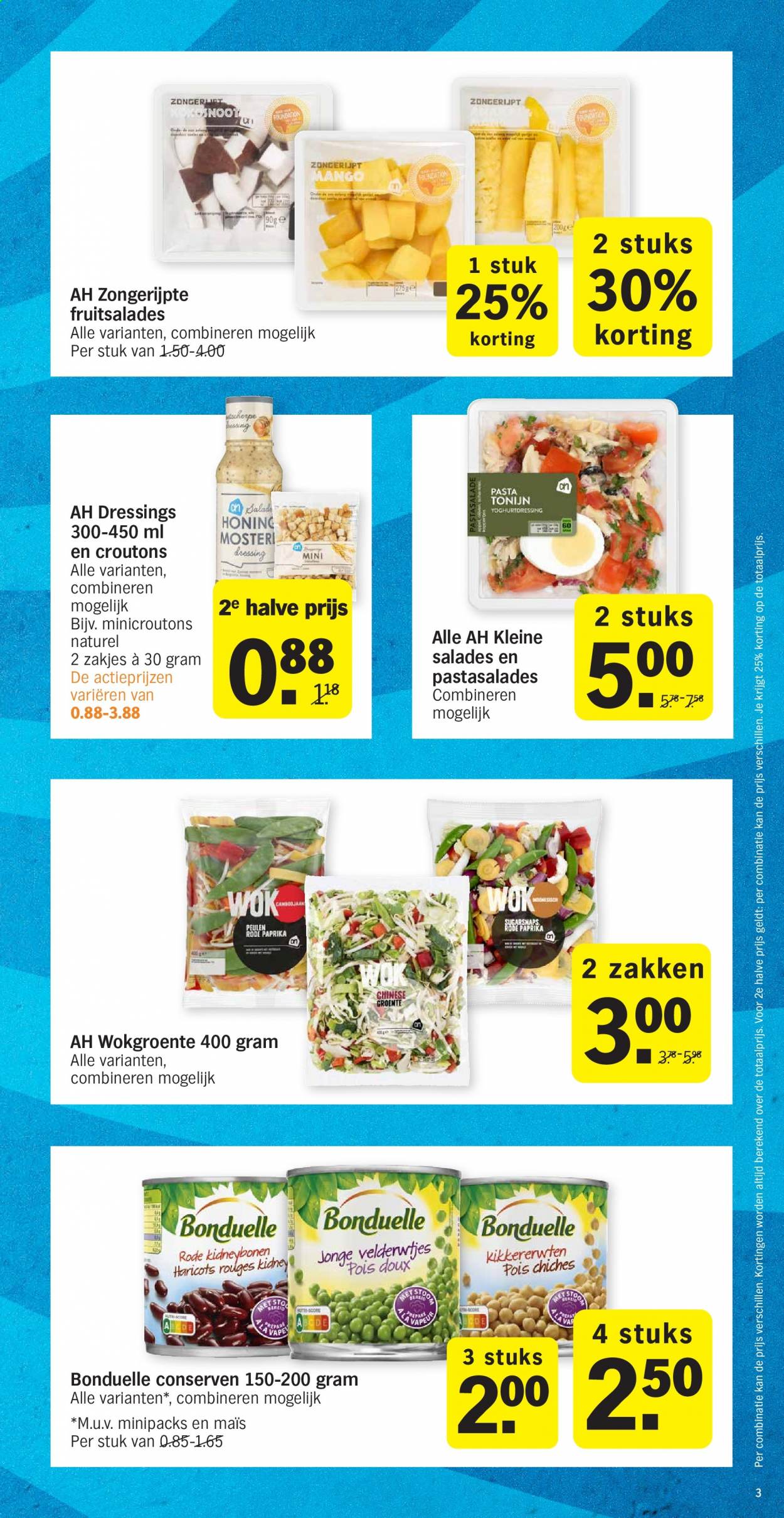 thumbnail - Albert Heijn-aanbieding - 12-7-2021 - 18-7-2021 -  producten in de aanbieding - maïs, peulen, mango, melk, Bonduelle, kidneybonen, kikkererwten, pasta. Pagina 3.