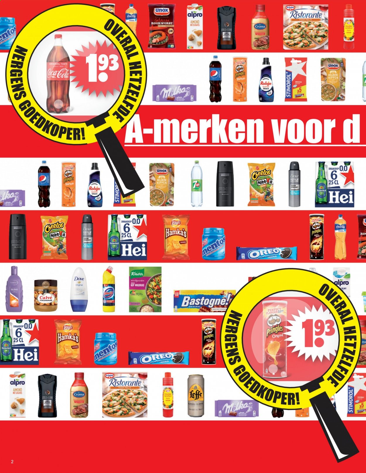 thumbnail - Dirk-aanbieding - 18-7-2021 - 24-7-2021 -  producten in de aanbieding - Heineken, Knorr, pizza, rookworst, Oreo, cheetos, Pringles, curry, Calvé, pindakaas, Coca-Cola, Robijn, Dove, Andrélon. Pagina 2.