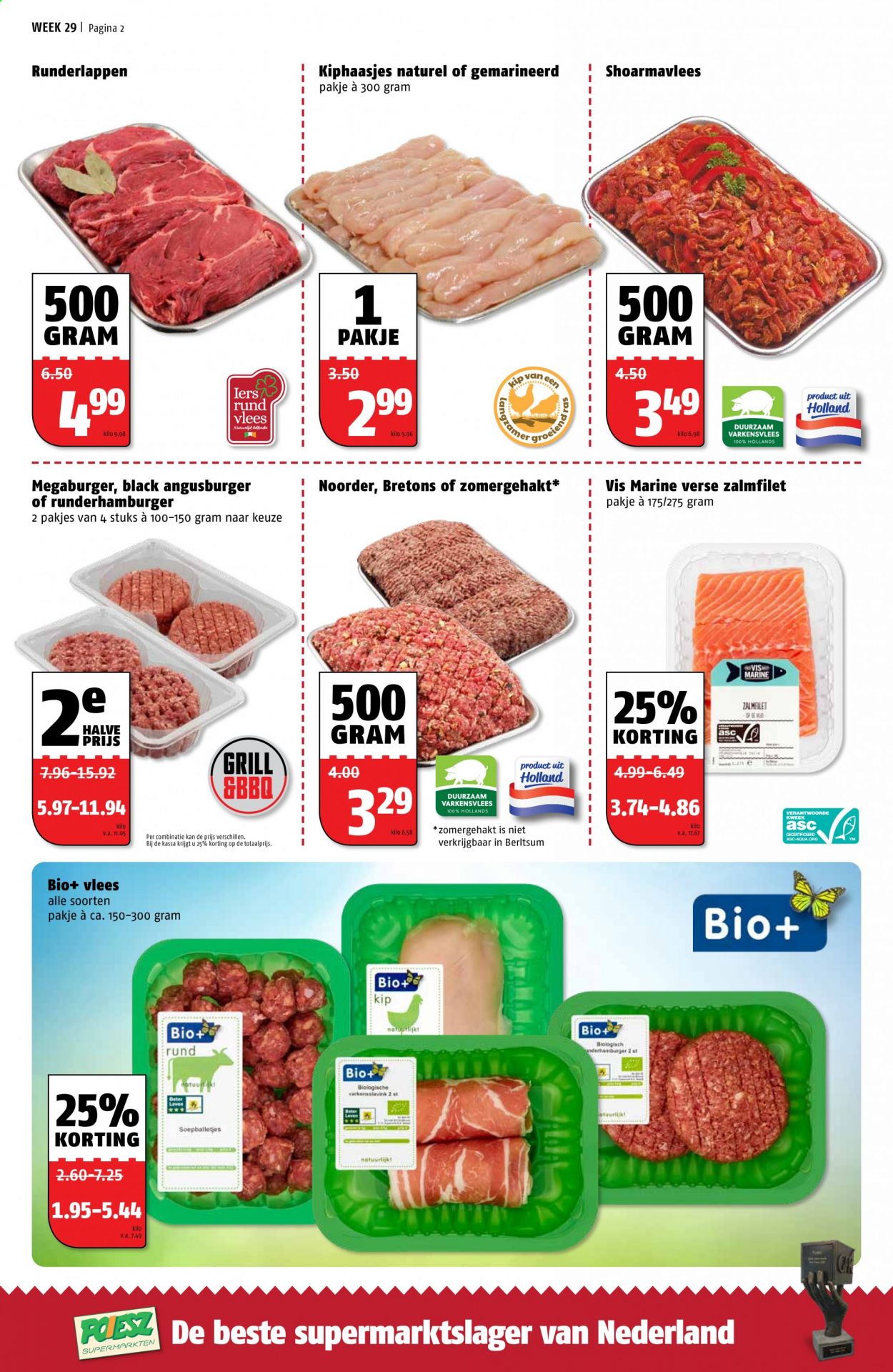 thumbnail - Poiesz-aanbieding - 19-7-2021 - 25-7-2021 -  producten in de aanbieding - varkensvlees, kiphaasjes, runderlappe, angusburgers, zalmfilet. Pagina 3.