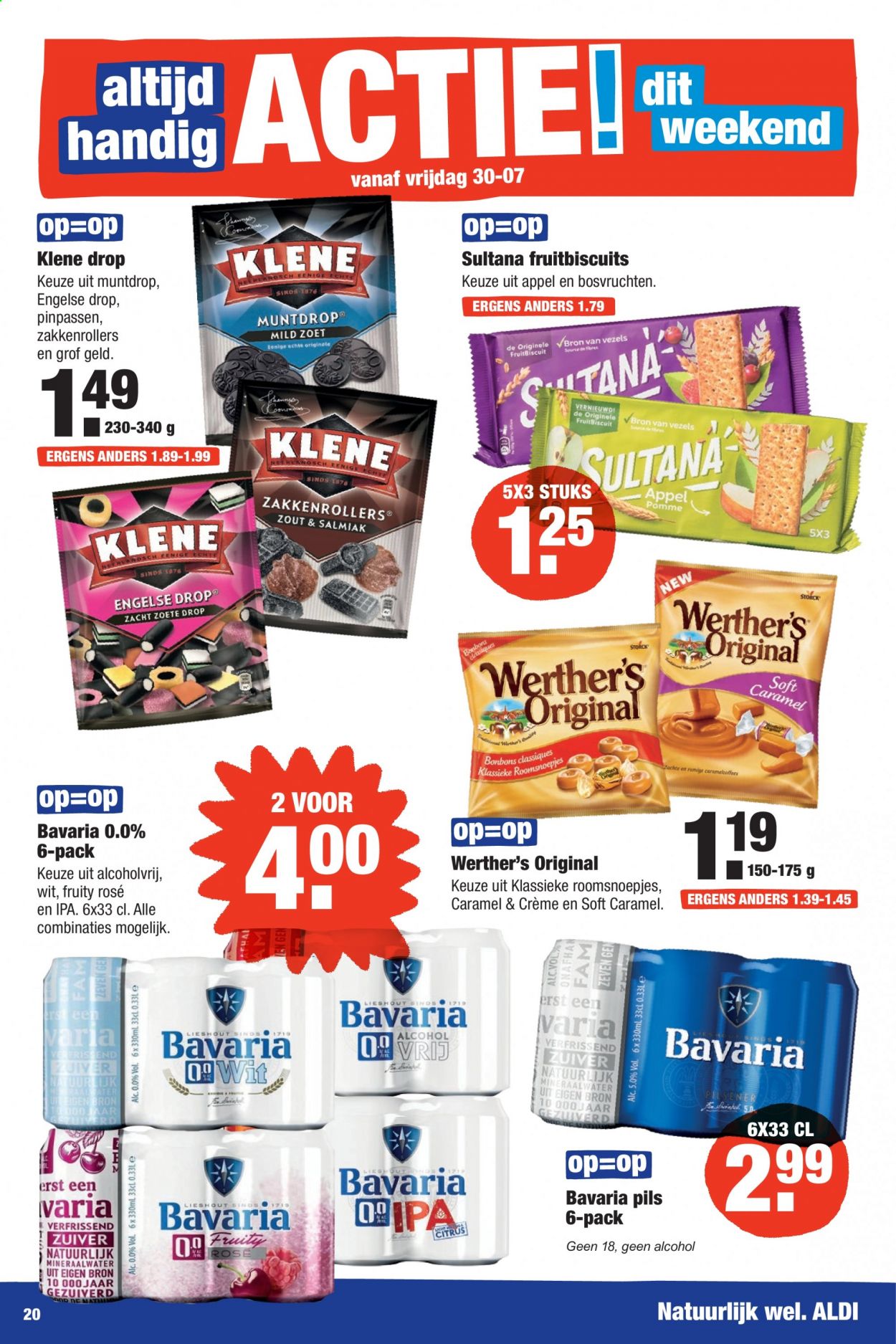 thumbnail - Aldi-aanbieding - 26-7-2021 - 1-8-2021 -  producten in de aanbieding - Bavaria, crème, Werther's Original, fruitbiscuits, mineraalwater. Pagina 20.