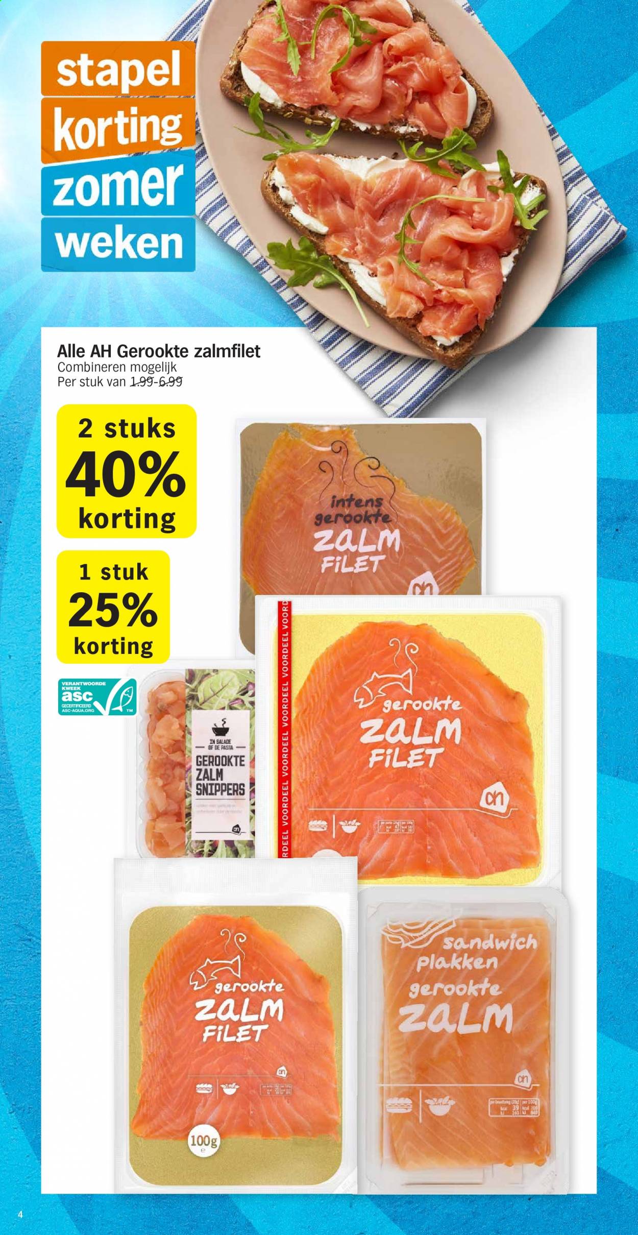 thumbnail - Albert Heijn-aanbieding - 26-7-2021 - 1-8-2021 -  producten in de aanbieding - zalm, zalmfilet, sandwich, gerookte zalm, pasta. Pagina 4.