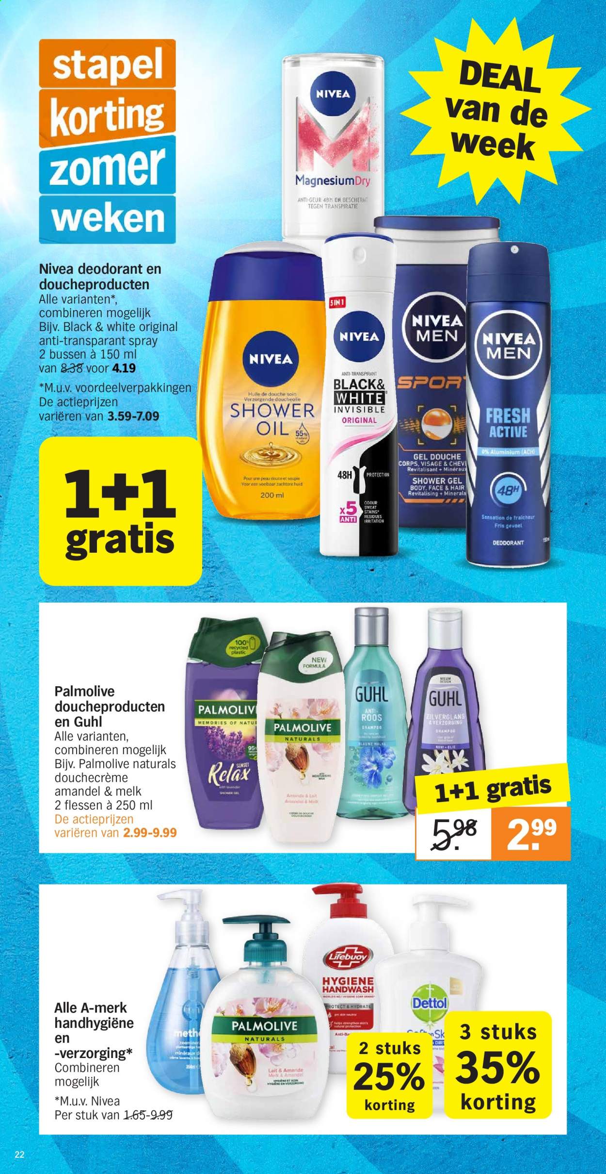 thumbnail - Albert Heijn-aanbieding - 26-7-2021 - 1-8-2021 -  producten in de aanbieding - melk, Dettol, Palmolive, shower, showergel, Nivea Men, Nivea, anti-transpirant, deodorant. Pagina 22.