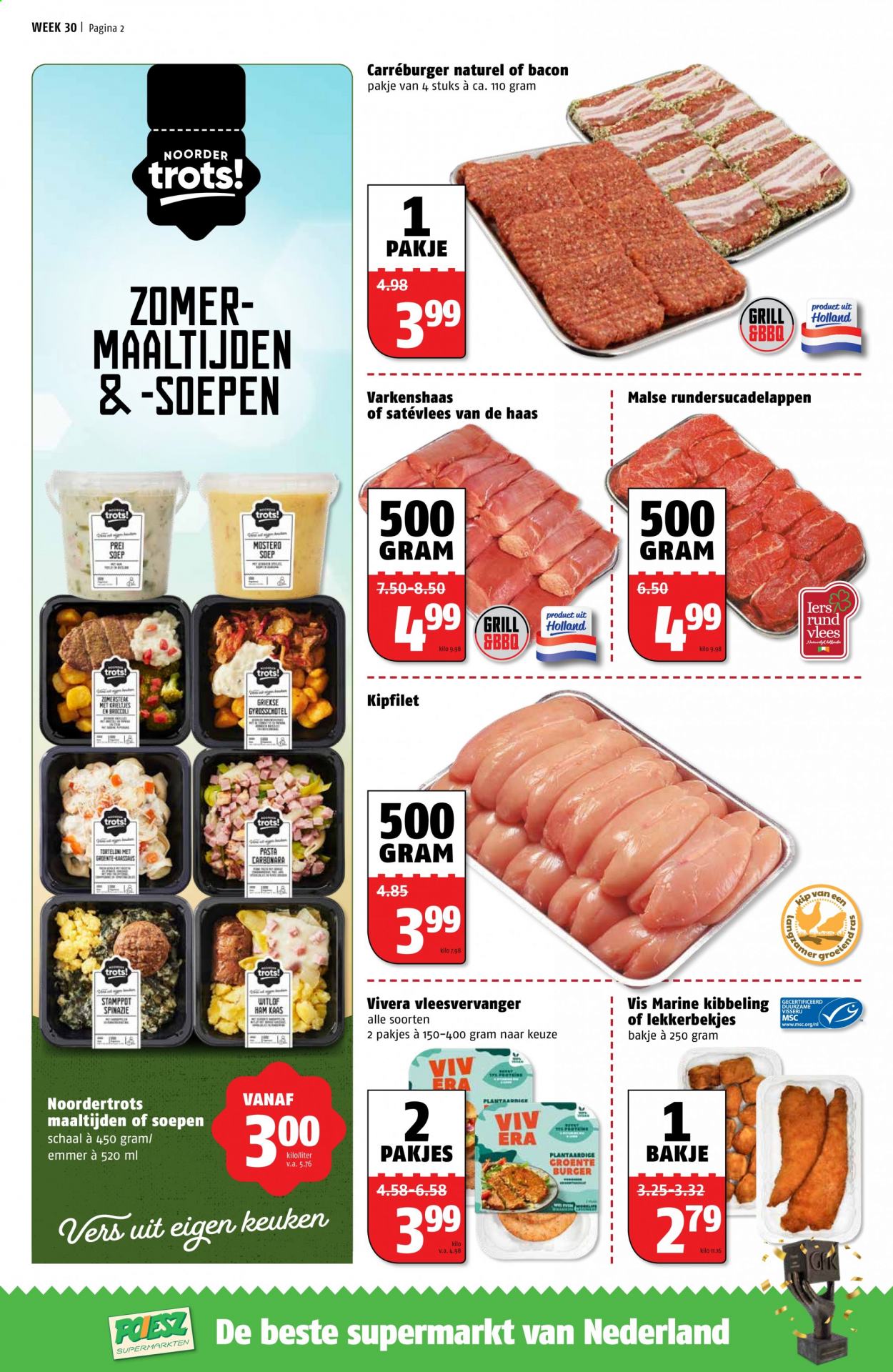 thumbnail - Poiesz-aanbieding - 26-7-2021 - 1-8-2021 -  producten in de aanbieding - varkenshaas, varkensvlees, krieltjes, prei, witlof, bacon, ham, kaas, pasta, BBQ. Pagina 3.