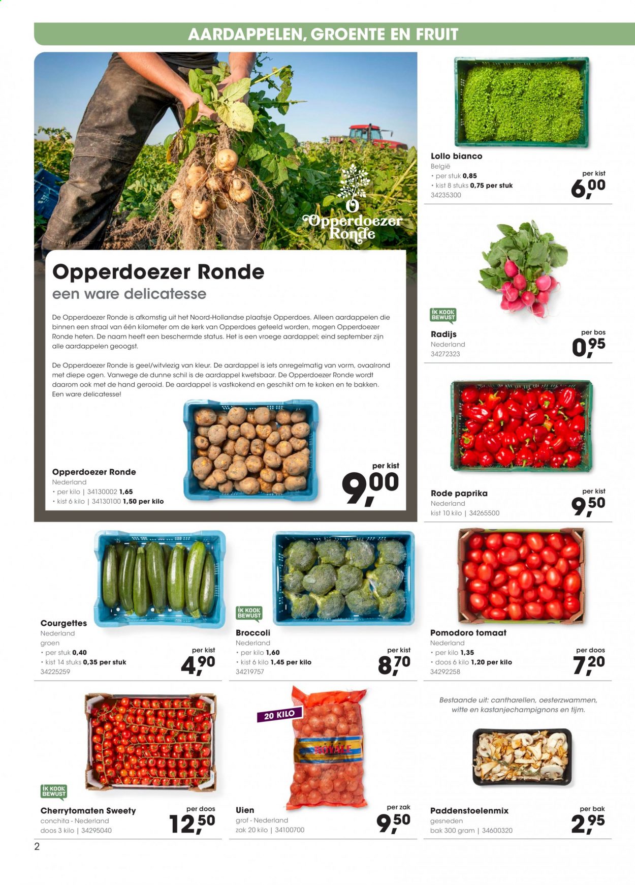 thumbnail - Hanos-aanbieding - 26-7-2021 - 8-8-2021 -  producten in de aanbieding - cantharellen, kastanjechampignons, paddenstoelenmix, oesterzwammen, aardappelen, cherrytomaten, radijs, rode paprika, tomaten, Opperdoezer Ronde, broccoli, tijm. Pagina 2.