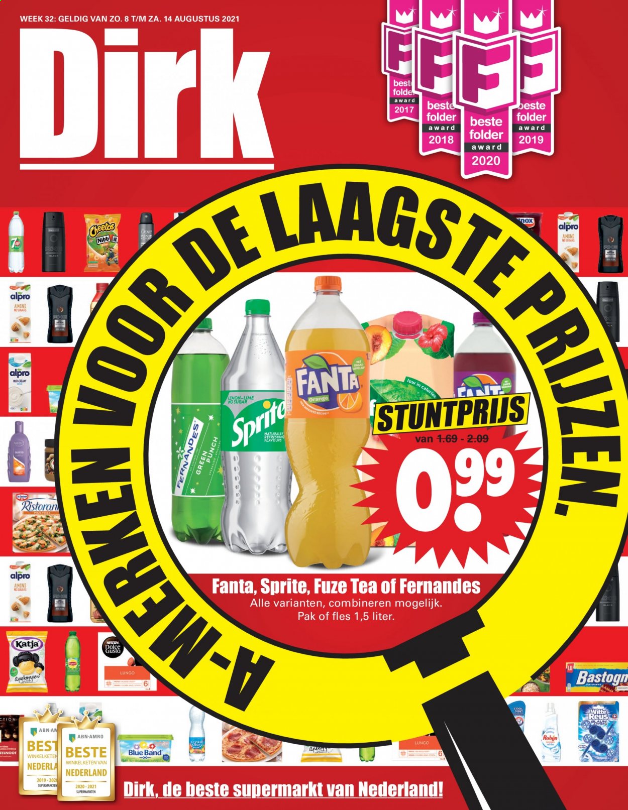 thumbnail - Dirk-aanbieding - 8-8-2021 - 14-8-2021 -  producten in de aanbieding - pizza, appelsap, Sprite, Fanta, thee, Dolce Gusto, Robijn, Dove. Pagina 1.