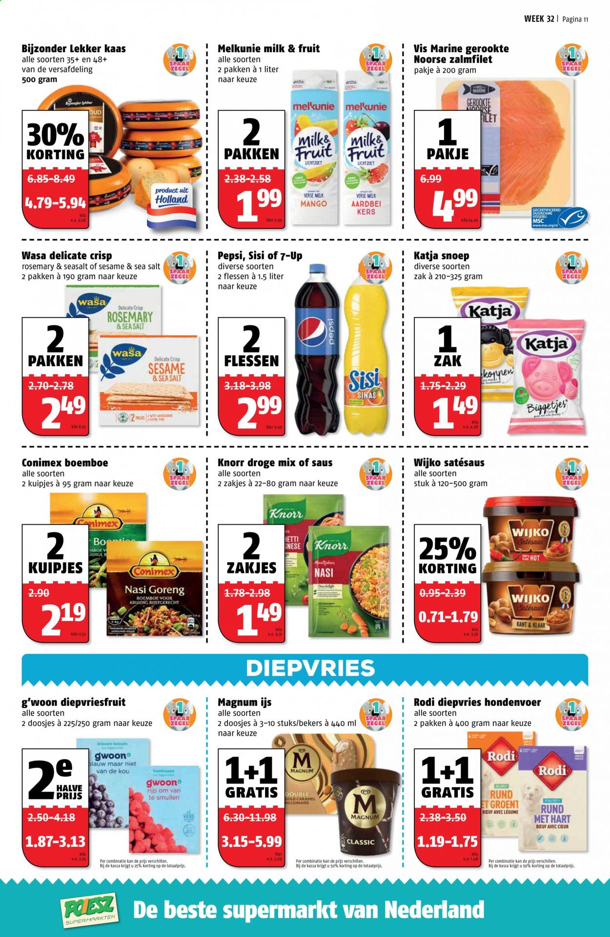 thumbnail - Poiesz-aanbieding - 9-8-2021 - 15-8-2021 -  producten in de aanbieding - Wasa, zalmfilet, Knorr, kaas, Magnum, Pepsi. Pagina 13.