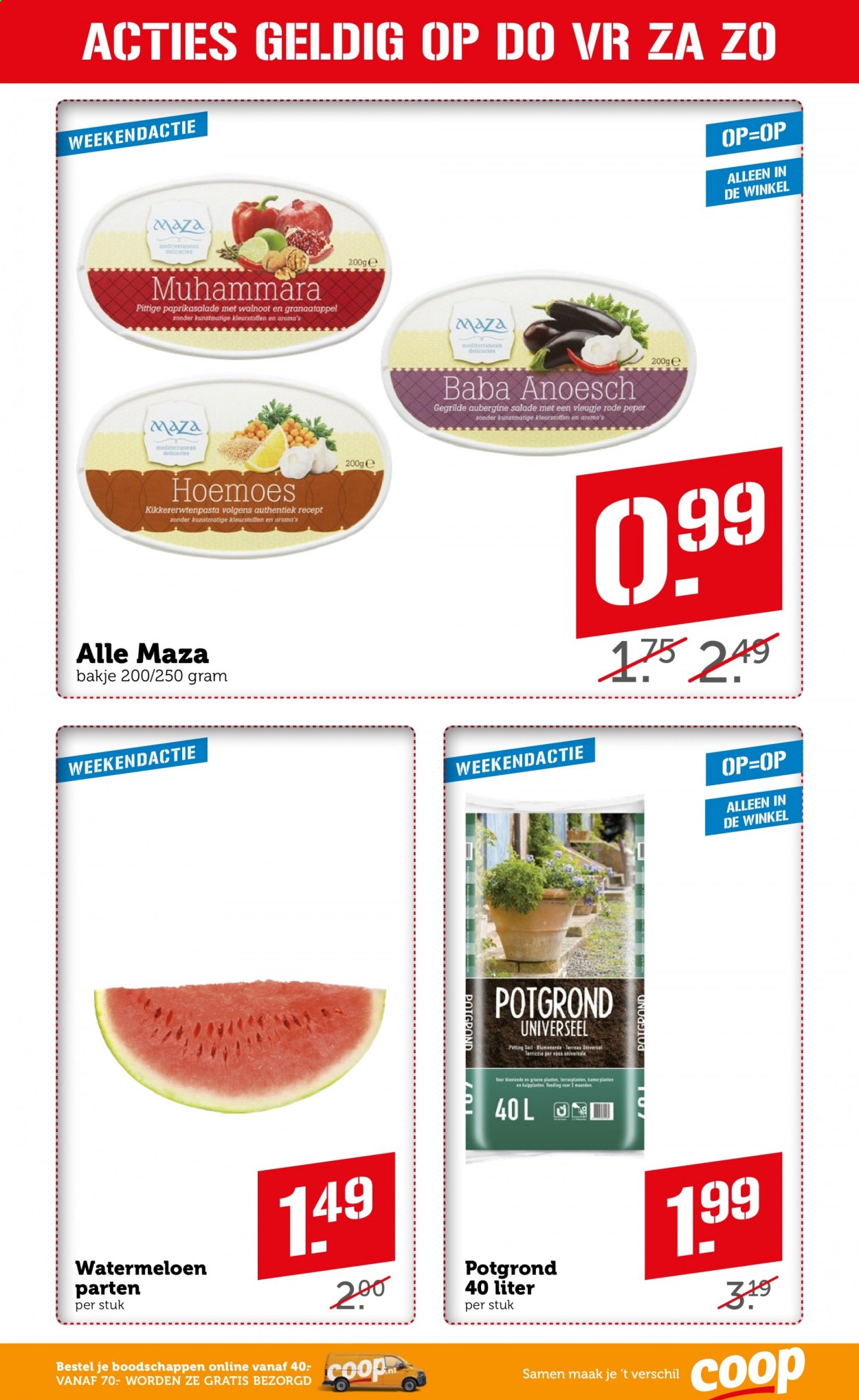 thumbnail - Coop-aanbieding - 16-8-2021 - 22-8-2021 -  producten in de aanbieding - watermeloen, granaatappel, baba anoesch, hummus, potgrond. Pagina 29.