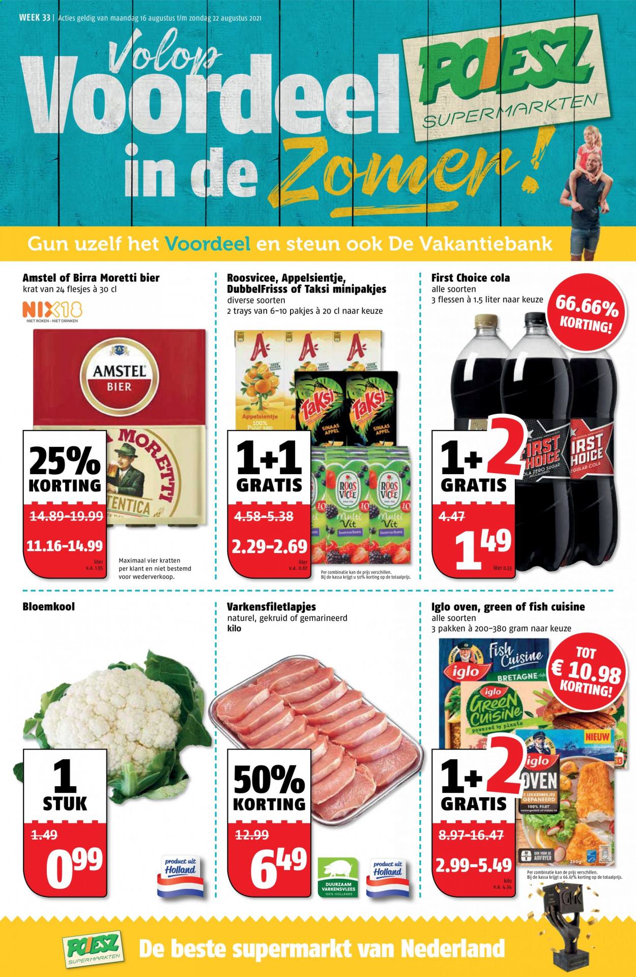 thumbnail - Poiesz-aanbieding - 16-8-2021 - 22-8-2021 -  producten in de aanbieding - varkensfiletlapjes, varkensvlees, Amstel Bier, bier, bloemkool, Iglo, appelsientje. Pagina 2.