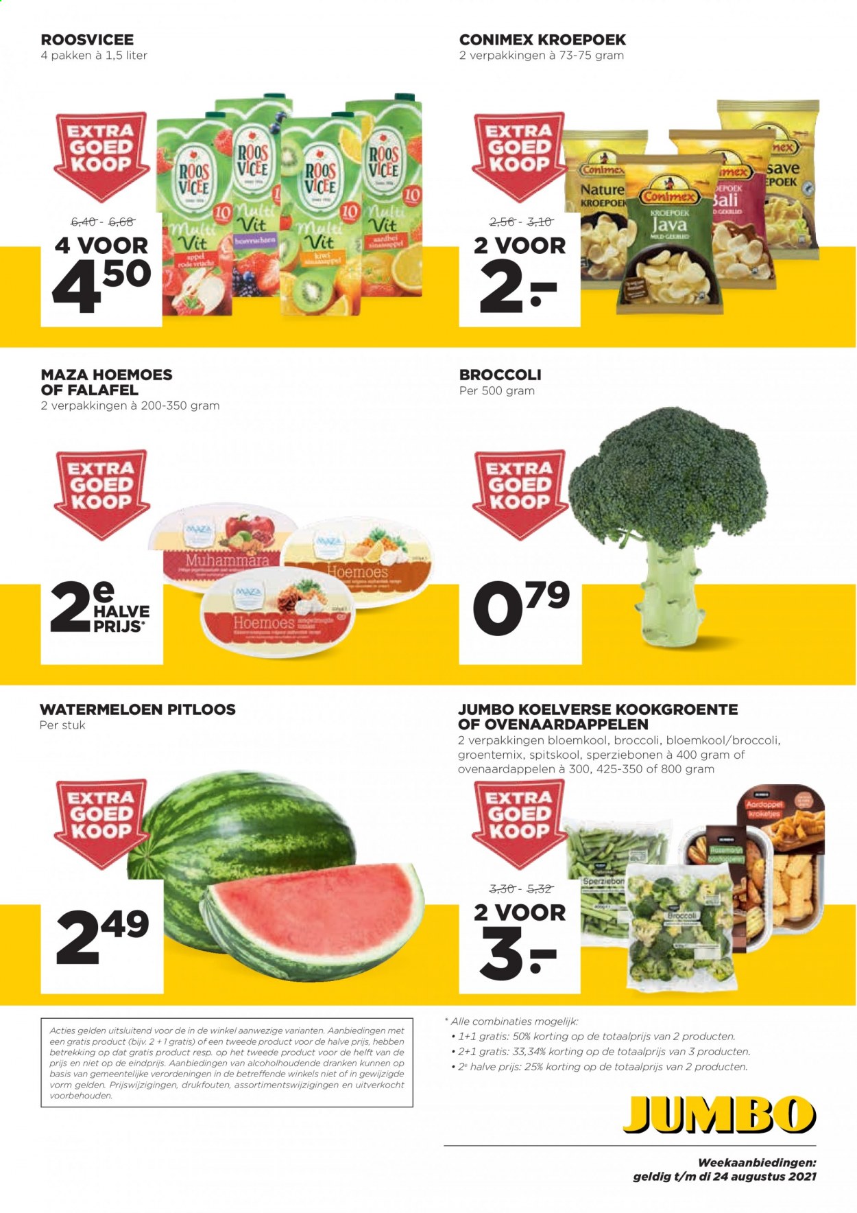 thumbnail - Jumbo-aanbieding - 18-8-2021 - 24-8-2021 -  producten in de aanbieding - bloemkool, spitskool, broccoli, watermeloen, Falafel, sperziebonen, kroepoek. Pagina 4.