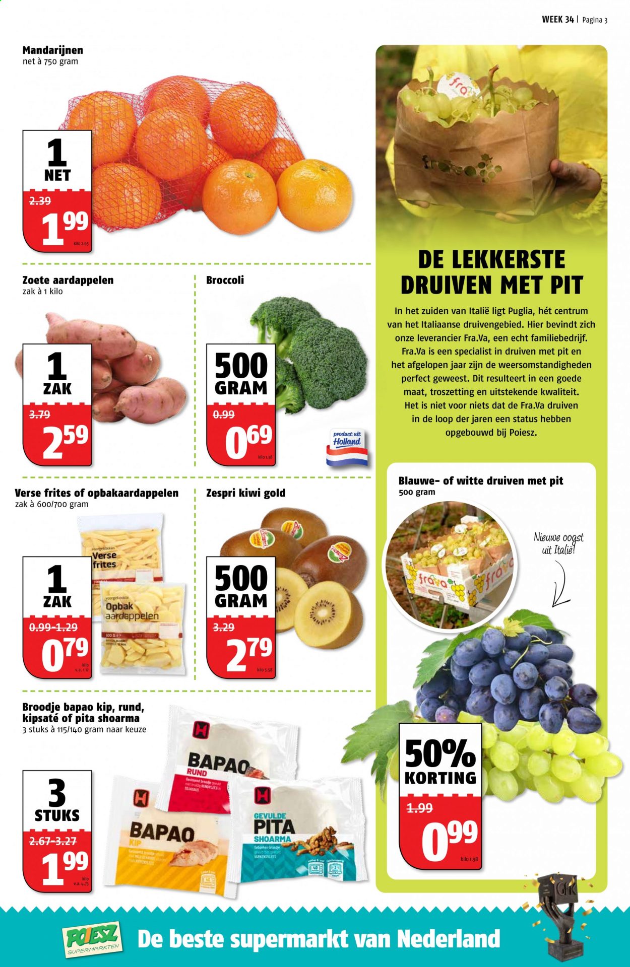 thumbnail - Poiesz-aanbieding - 23-8-2021 - 29-8-2021 -  producten in de aanbieding - pita, aardappelen, broccoli, druiven, kiwi, shoarma, frites. Pagina 4.