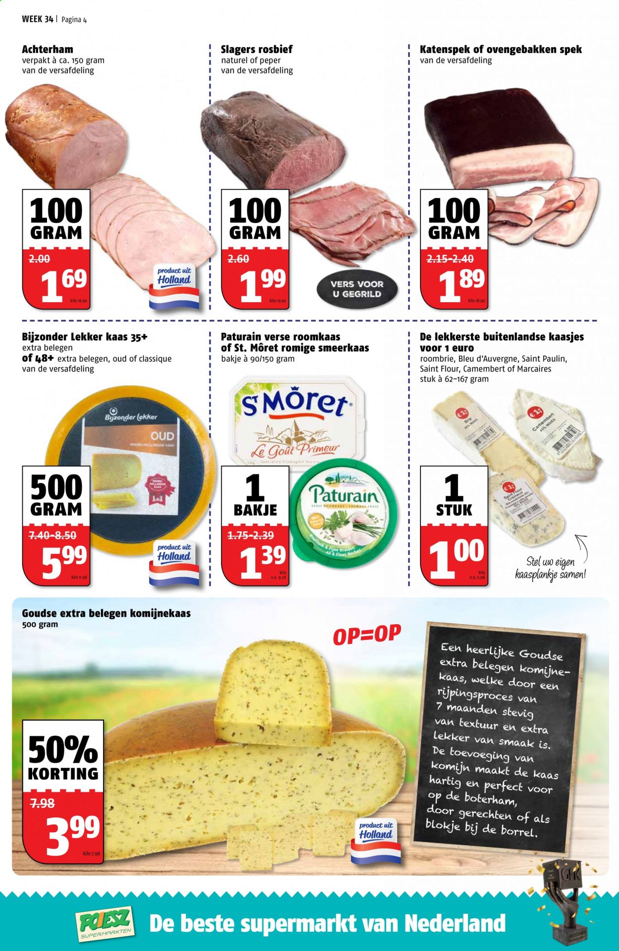 thumbnail - Poiesz-aanbieding - 23-8-2021 - 29-8-2021 -  producten in de aanbieding - rosbief, achterham, smeerkaas, Bleu d'Auvergne, Camembert, kaas, roomkaas. Pagina 5.