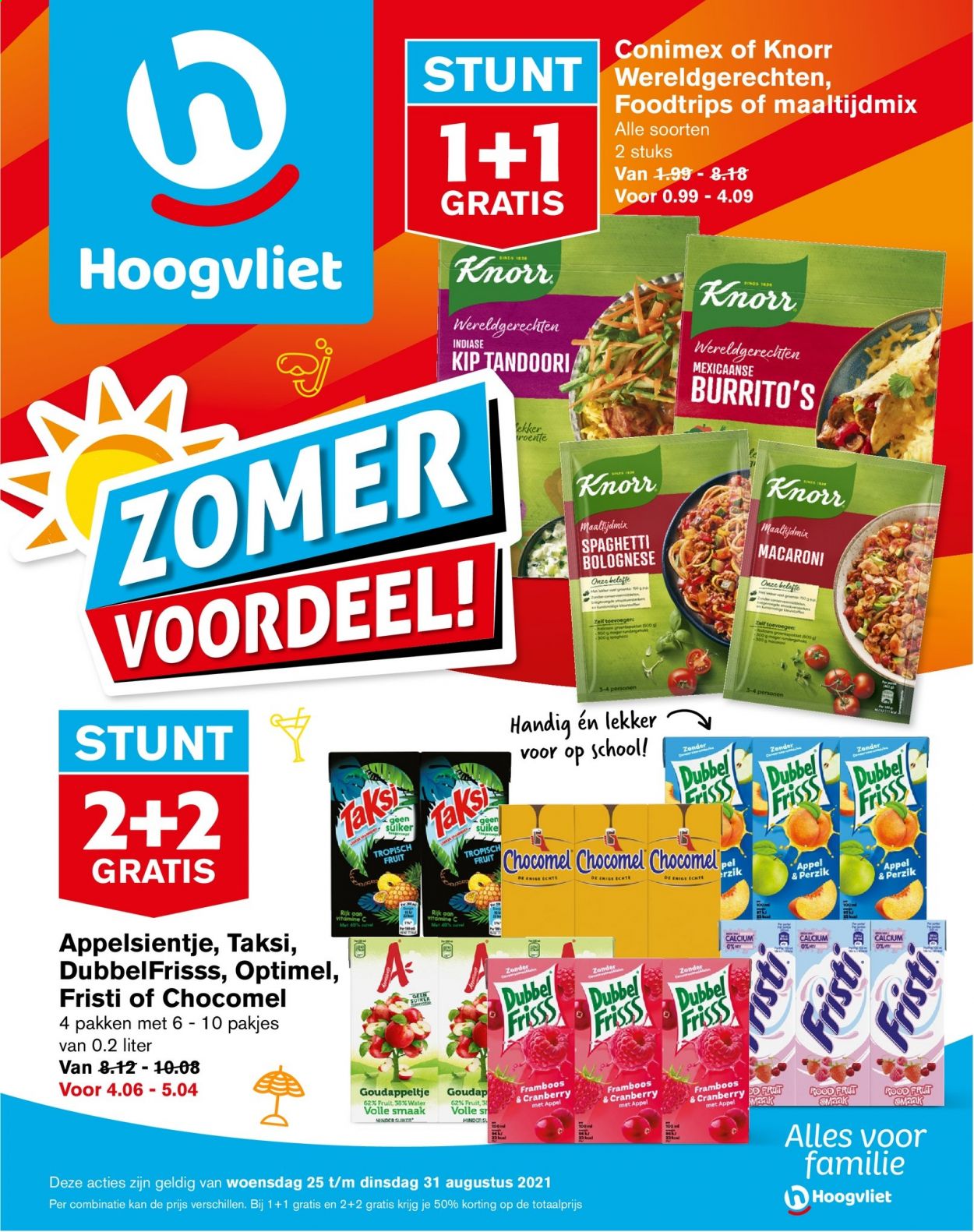 thumbnail - Hoogvliet-aanbieding - 25-8-2021 - 31-8-2021 -  producten in de aanbieding - perzik, Knorr, suiker, macaroni, spaghetti, cranberry’s, appelsientje, Calcium, vitamine. Pagina 1.