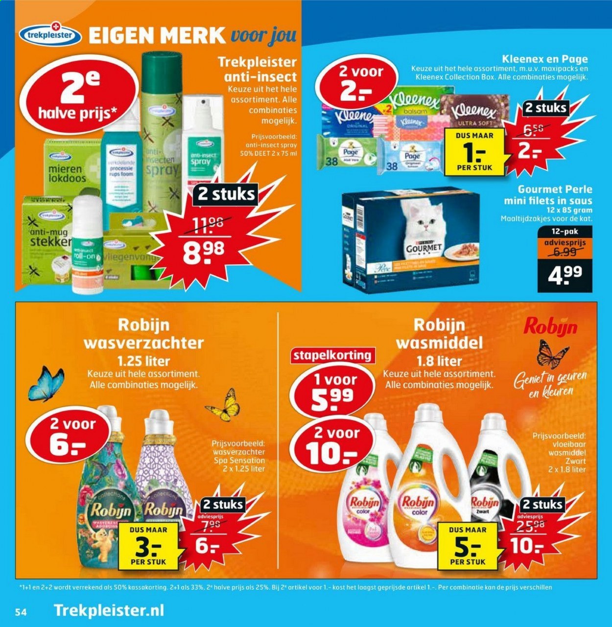 thumbnail - Trekpleister-aanbieding - 24-8-2021 - 5-9-2021 -  producten in de aanbieding - Kleenex, Robijn, wasmiddel. Pagina 54.