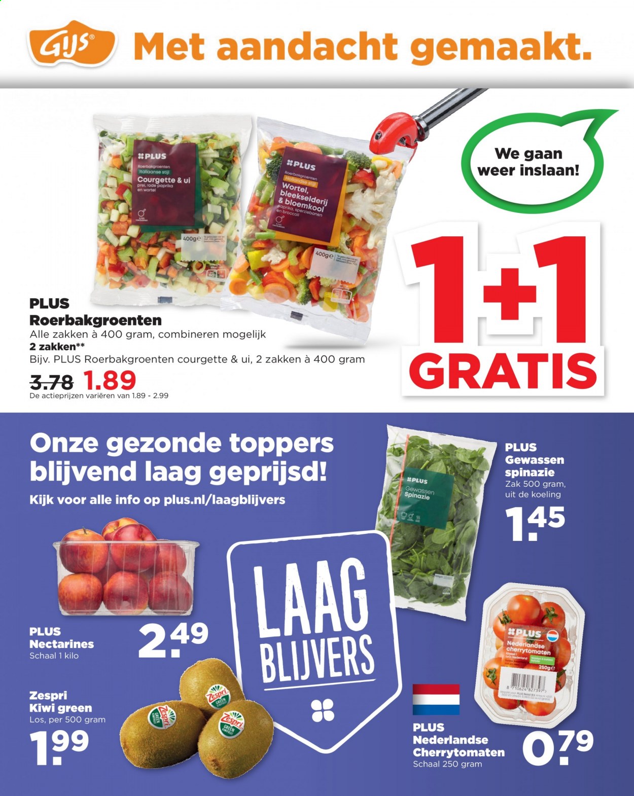 thumbnail - Plus-aanbieding - 29-8-2021 - 4-9-2021 -  producten in de aanbieding - bleekselderij, bloemkool, cherrytomaten, spinazie, tomaten, courgette, kiwi, sperziebonen. Pagina 3.