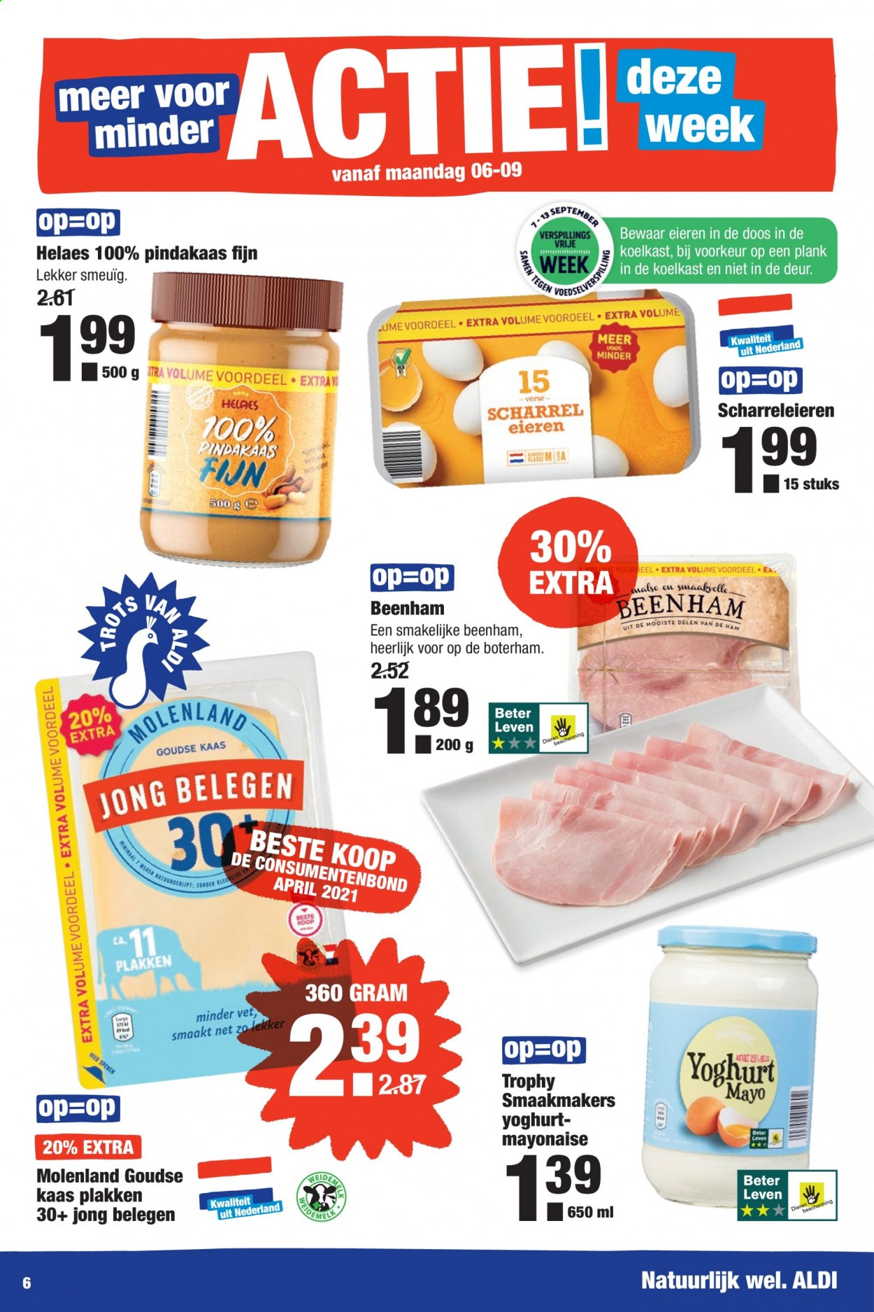 thumbnail - Aldi-aanbieding - 6-9-2021 - 12-9-2021 -  producten in de aanbieding - beenham, ham, kaas, yoghurt, mayonaise, pindakaas. Pagina 6.