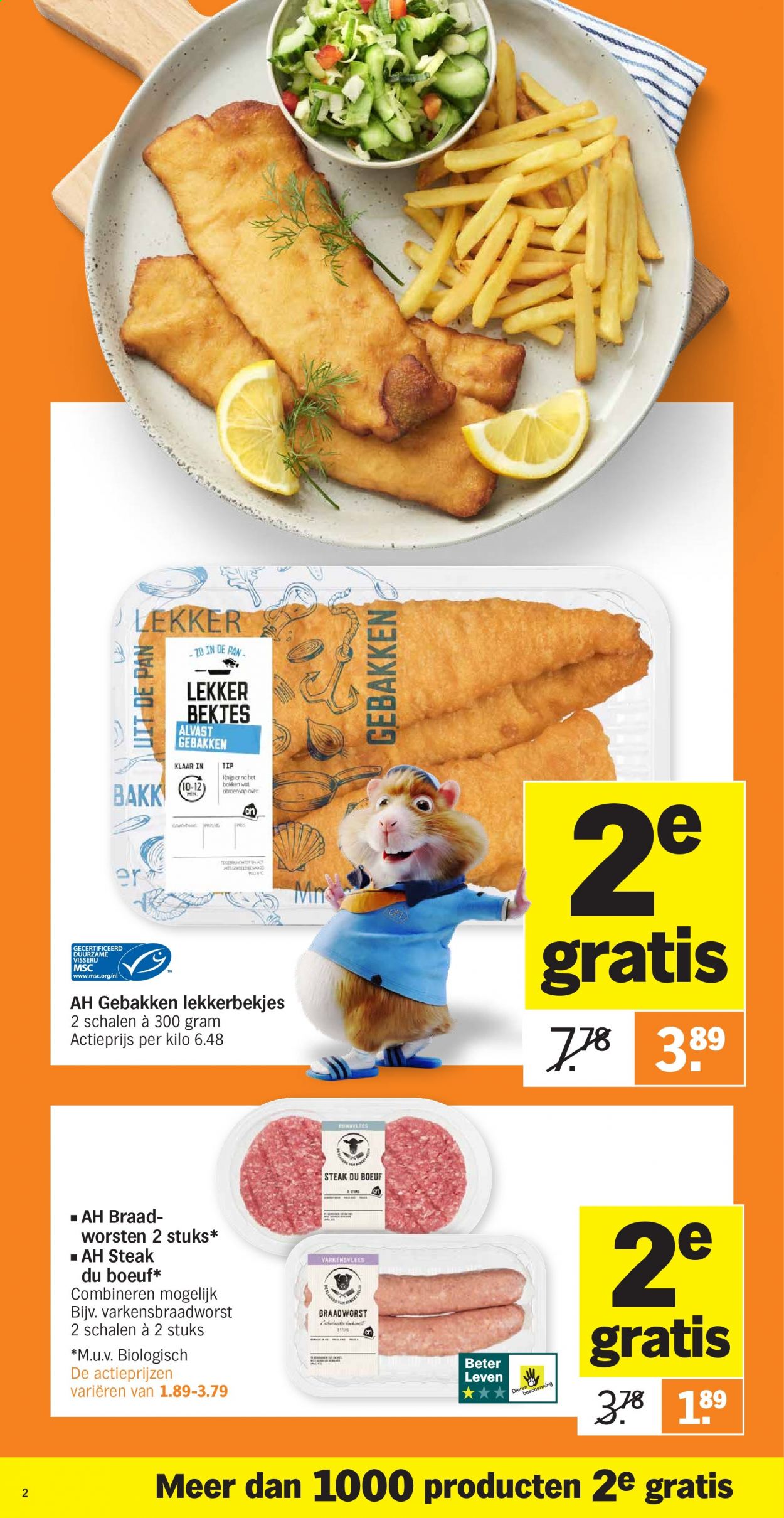 thumbnail - Albert Heijn-aanbieding - 6-9-2021 - 12-9-2021 -  producten in de aanbieding - steak, varkensvlees, braadworst. Pagina 2.