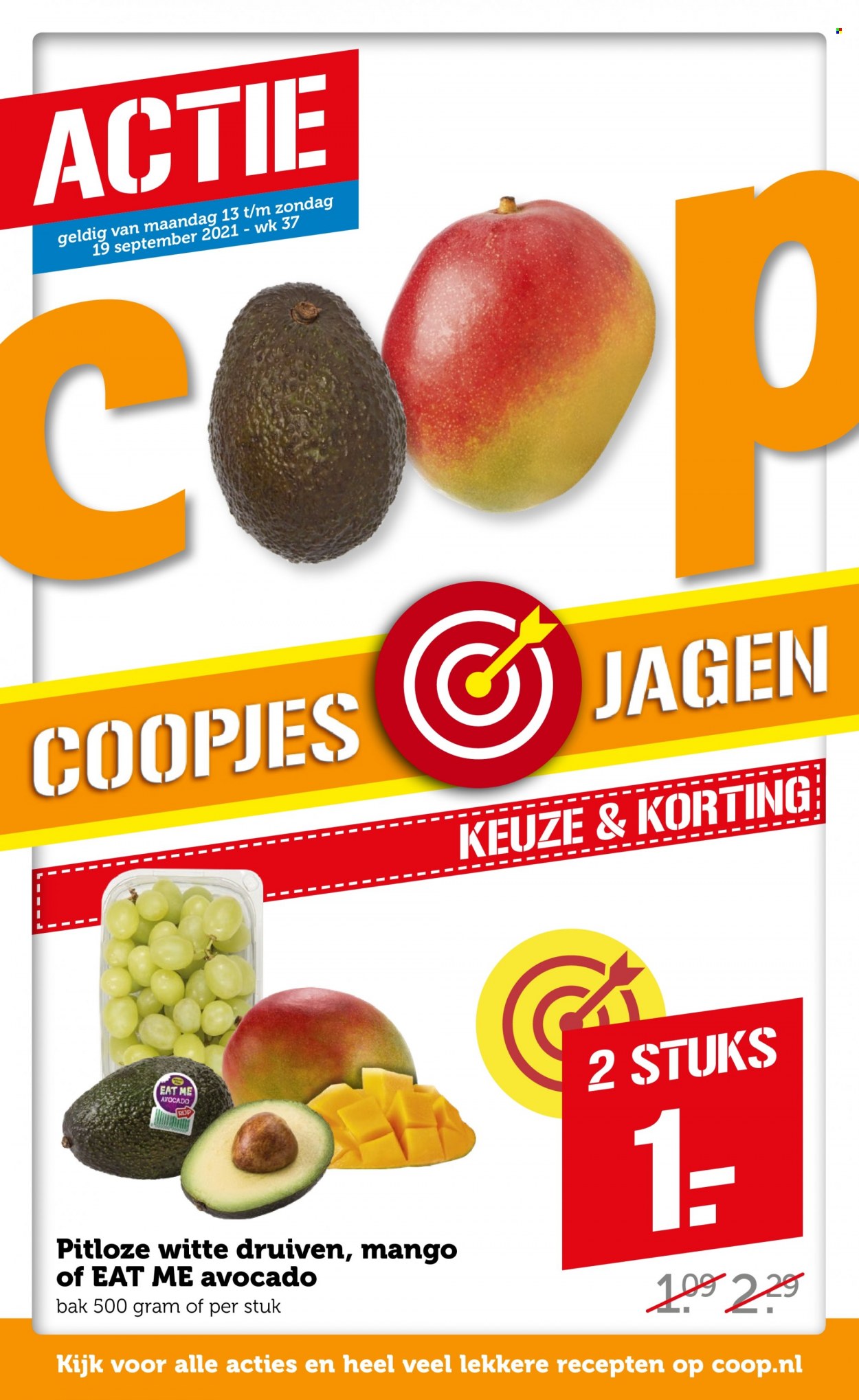 thumbnail - Coop-aanbieding - 13-9-2021 - 19-9-2021 -  producten in de aanbieding - avocado, druiven, mango. Pagina 1.