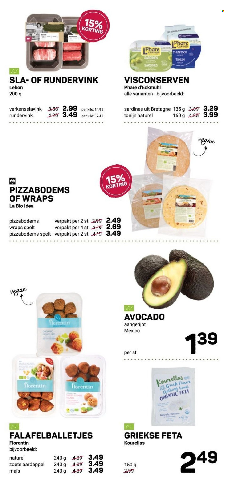thumbnail - Ekoplaza-aanbieding - 15-9-2021 - 21-9-2021 -  producten in de aanbieding - wraps, sla, avocado, tonijn, Falafel, Feta, Spelt, maïs. Pagina 3.