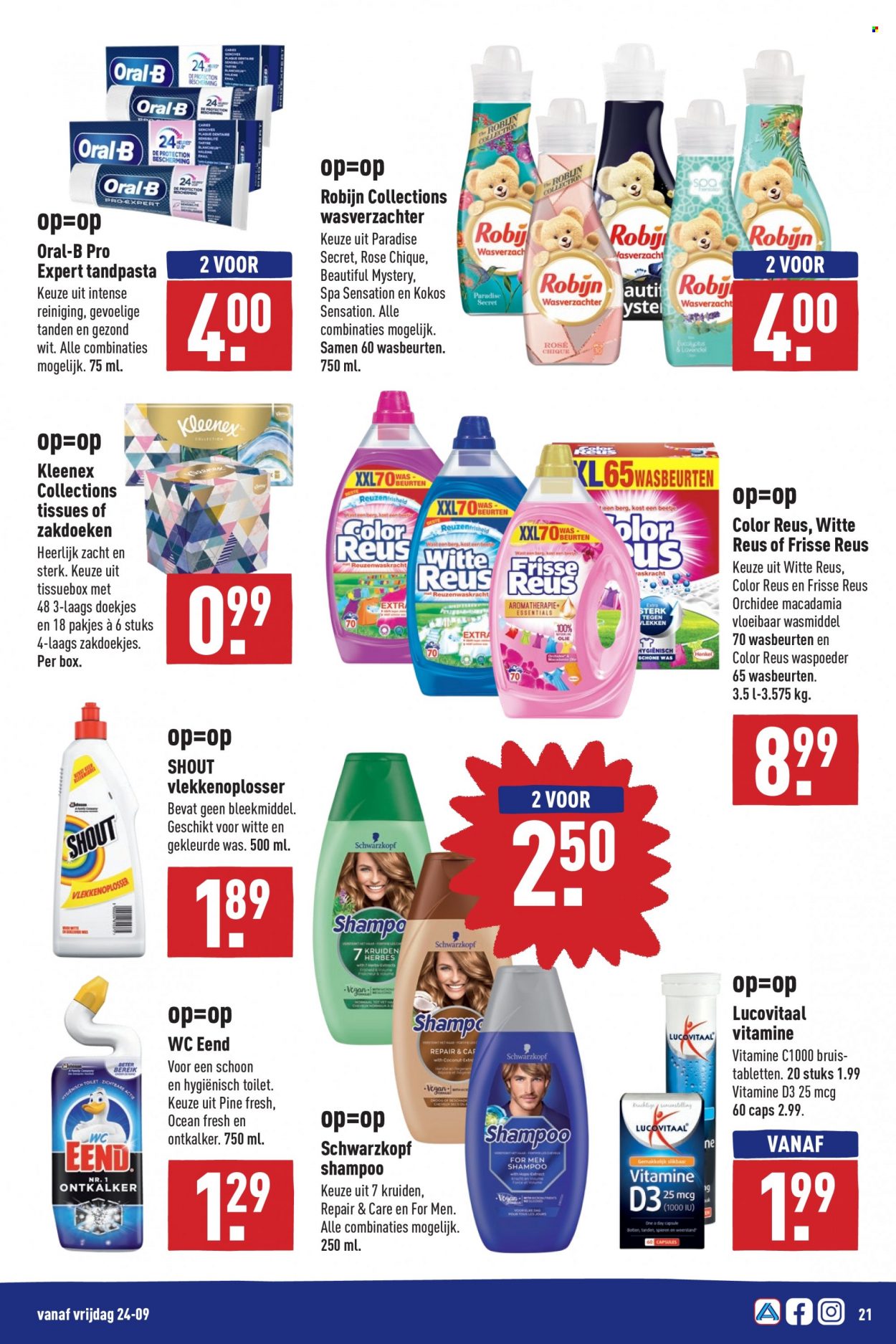 thumbnail - Aldi-aanbieding - 20-9-2021 - 26-9-2021 -  producten in de aanbieding - Macadamia, Kleenex, Robijn, wasmiddel, shampoo, Oral-B, tandpasta. Pagina 21.