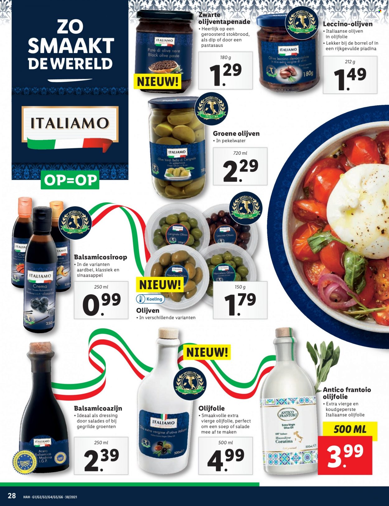 thumbnail - Lidl-aanbieding - 20-9-2021 - 26-9-2021 -  producten in de aanbieding - stokbrood, Italiamo, sinaasappels, groene olijven, olijven, balsamicoazijn, olijfolie. Pagina 28.