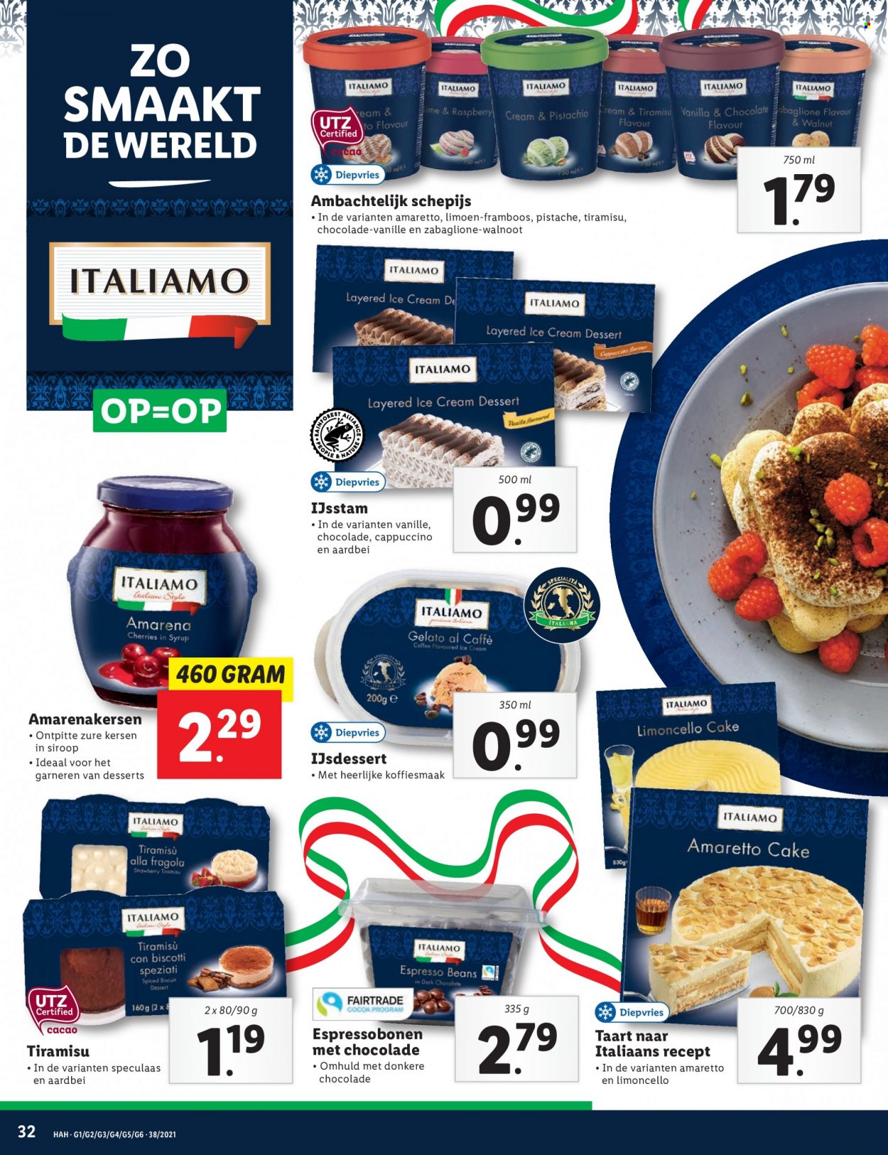 thumbnail - Lidl-aanbieding - 20-9-2021 - 26-9-2021 -  producten in de aanbieding - Italiamo, kersen, limoen, ijsdessert, gelato, biscotti, amarena kersen op siroop, walnoten, Espresso. Pagina 32.
