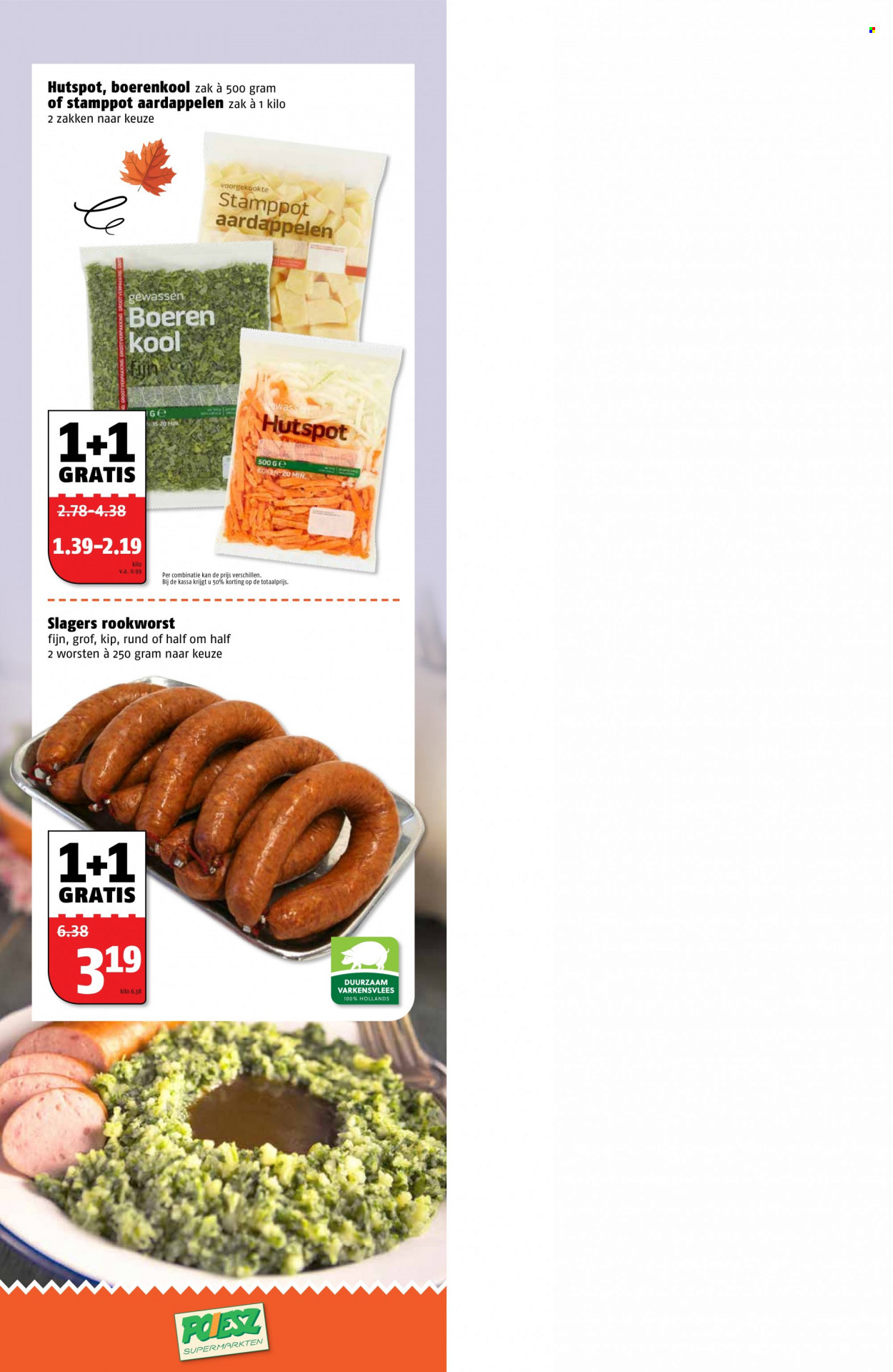 thumbnail - Poiesz-aanbieding - 20-9-2021 - 26-9-2021 -  producten in de aanbieding - varkensvlees, aardappelen, boerenkool, rookworst. Pagina 2.