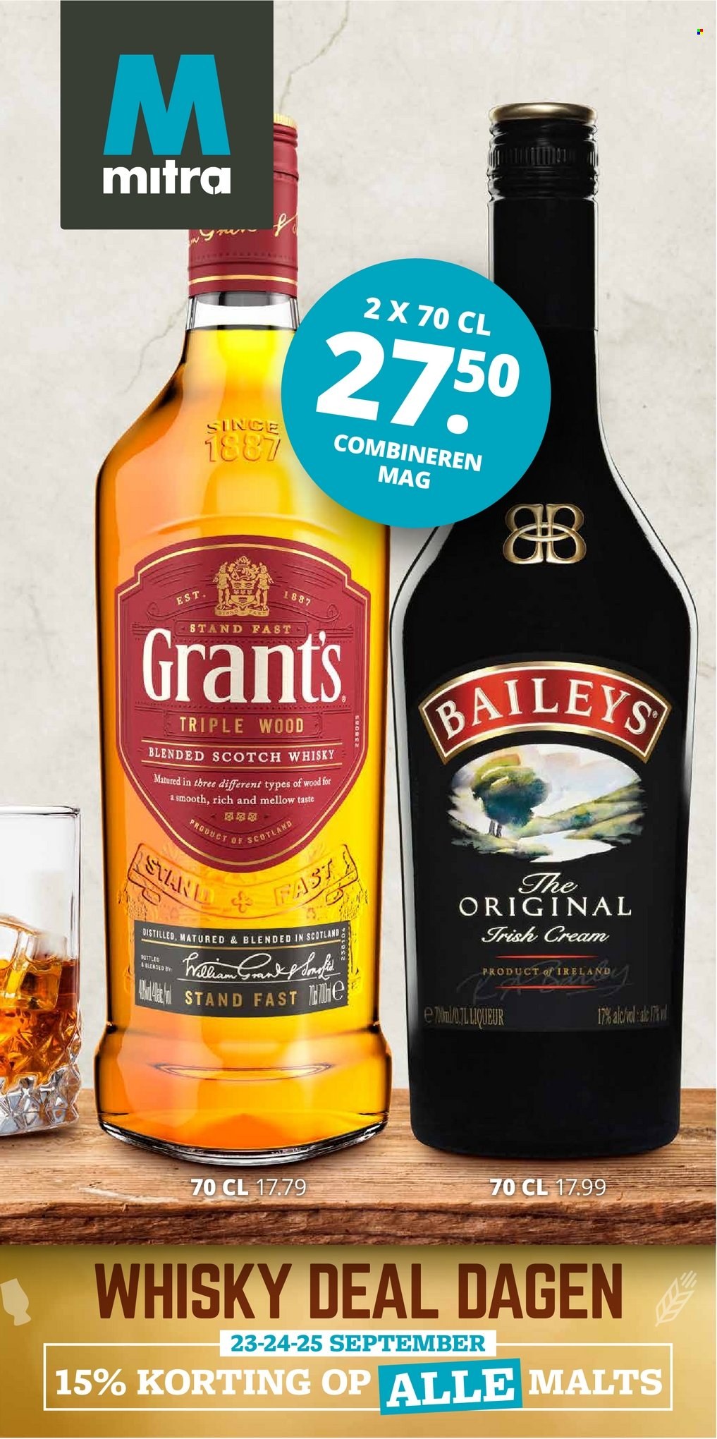thumbnail - Mitra-aanbieding - 20-9-2021 - 3-10-2021 -  producten in de aanbieding - blended scotch whisky, liqueur, scotch whisky, whisky, Grant‘s, Baileys. Pagina 1.