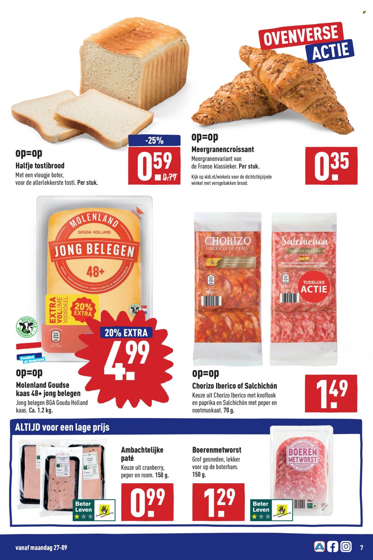 thumbnail - Aldi-aanbieding - 27-9-2021 - 3-10-2021 -  producten in de aanbieding - brood, chorizo, paté, kaas, gouda, room, cranberry’s. Pagina 7.