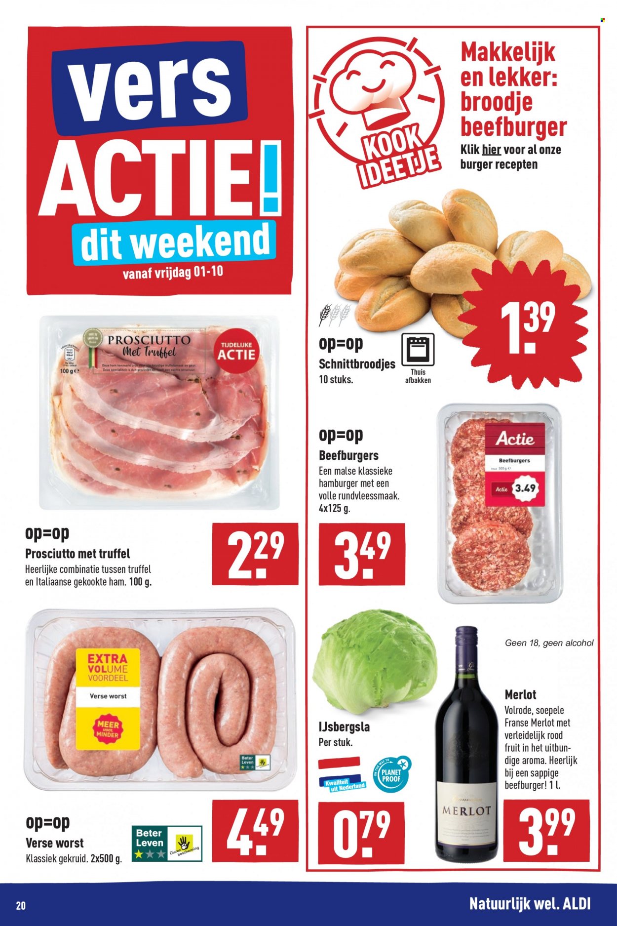 thumbnail - Aldi-aanbieding - 27-9-2021 - 3-10-2021 -  producten in de aanbieding - schnittbroodjes, ijsbergsla, ham, prosciutto, Merlot. Pagina 20.