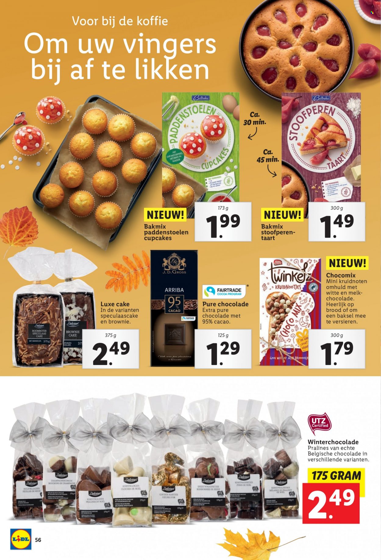 thumbnail - Lidl-aanbieding -  producten in de aanbieding - brood, cupcakes, brownie, stoofperen, roomboter, kruidnootjes, pure chocolade, koffie, champagne. Pagina 56.