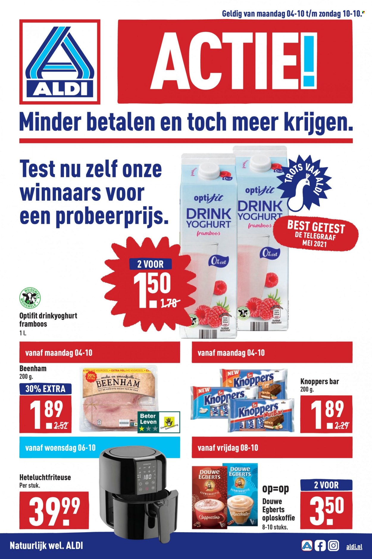 thumbnail - Aldi-aanbieding - 4-10-2021 - 10-10-2021 -  producten in de aanbieding - beenham, yoghurt, Douwe Egberts, oploskoffie. Pagina 1.